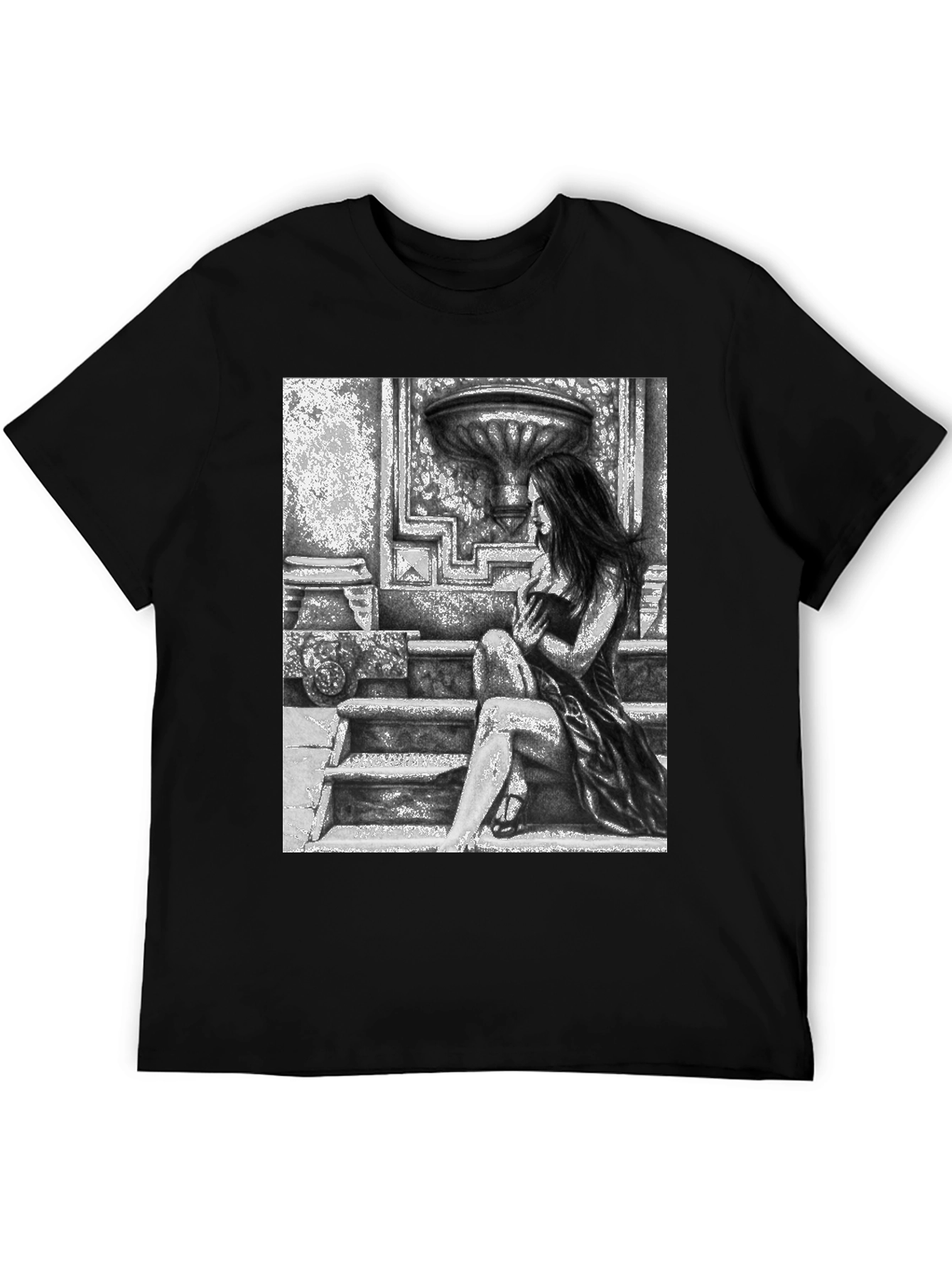 Black Gothic Beauty Tee - Woman on Steps Graphic T-Shirt view 5