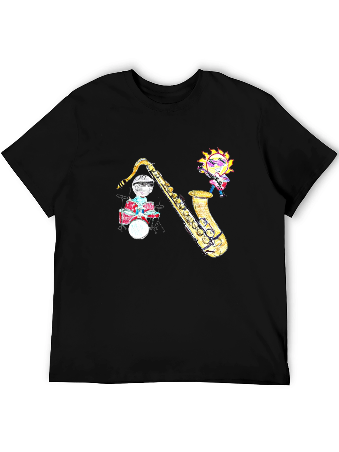 Black Black T-Shirt with Cartoon Jazz Band Graphic view 5