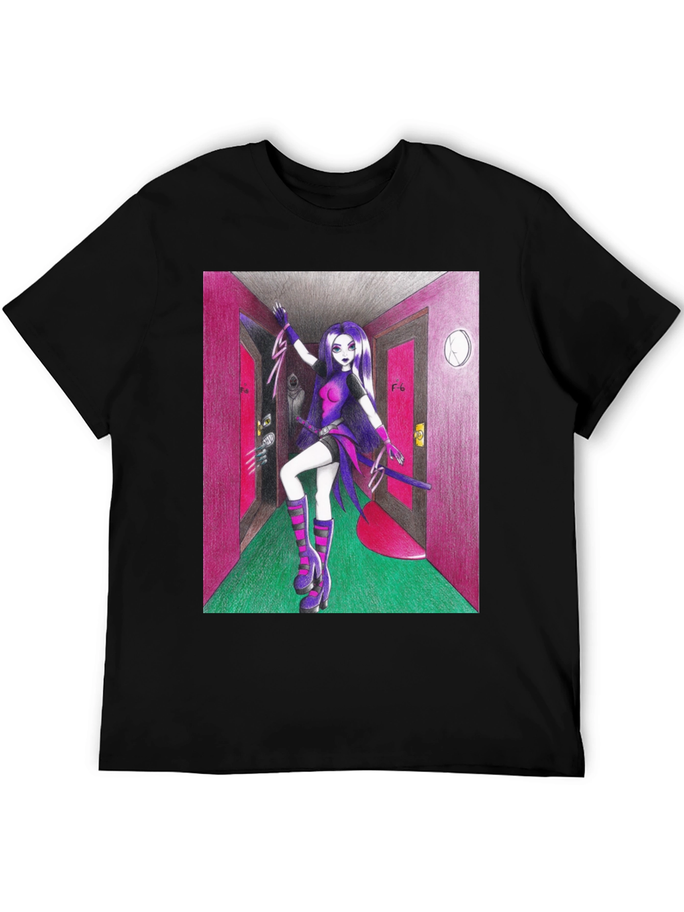 Black Anime Girl in Hallway Graphic Tee view 5