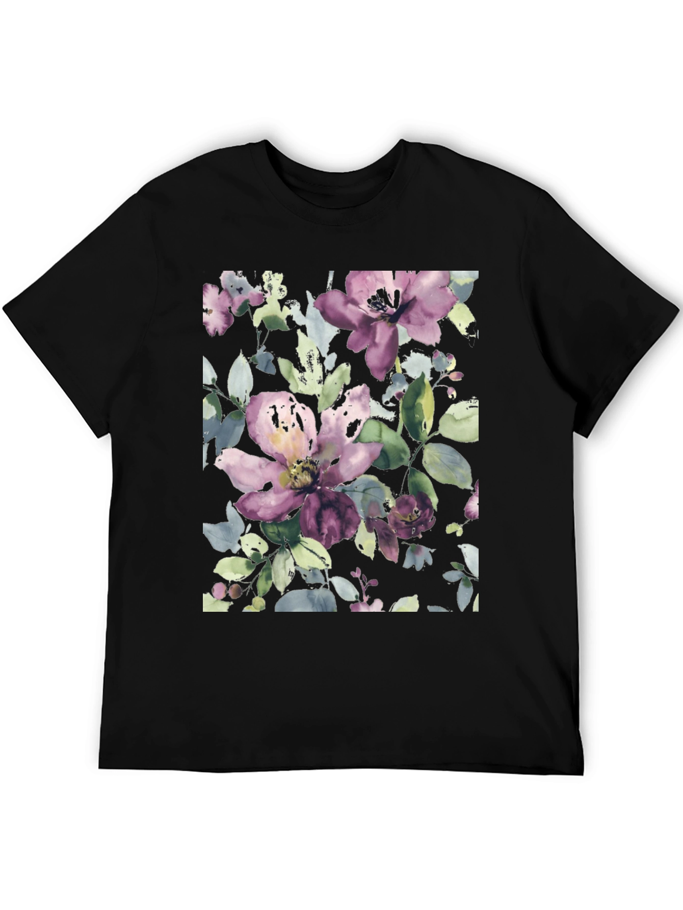 Black Floral Watercolor Print Black T-Shirt view 5