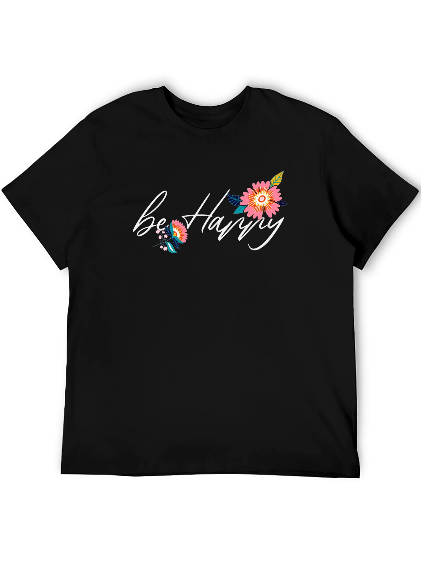 Black Be Happy Floral Graphic Black T-Shirt view 5