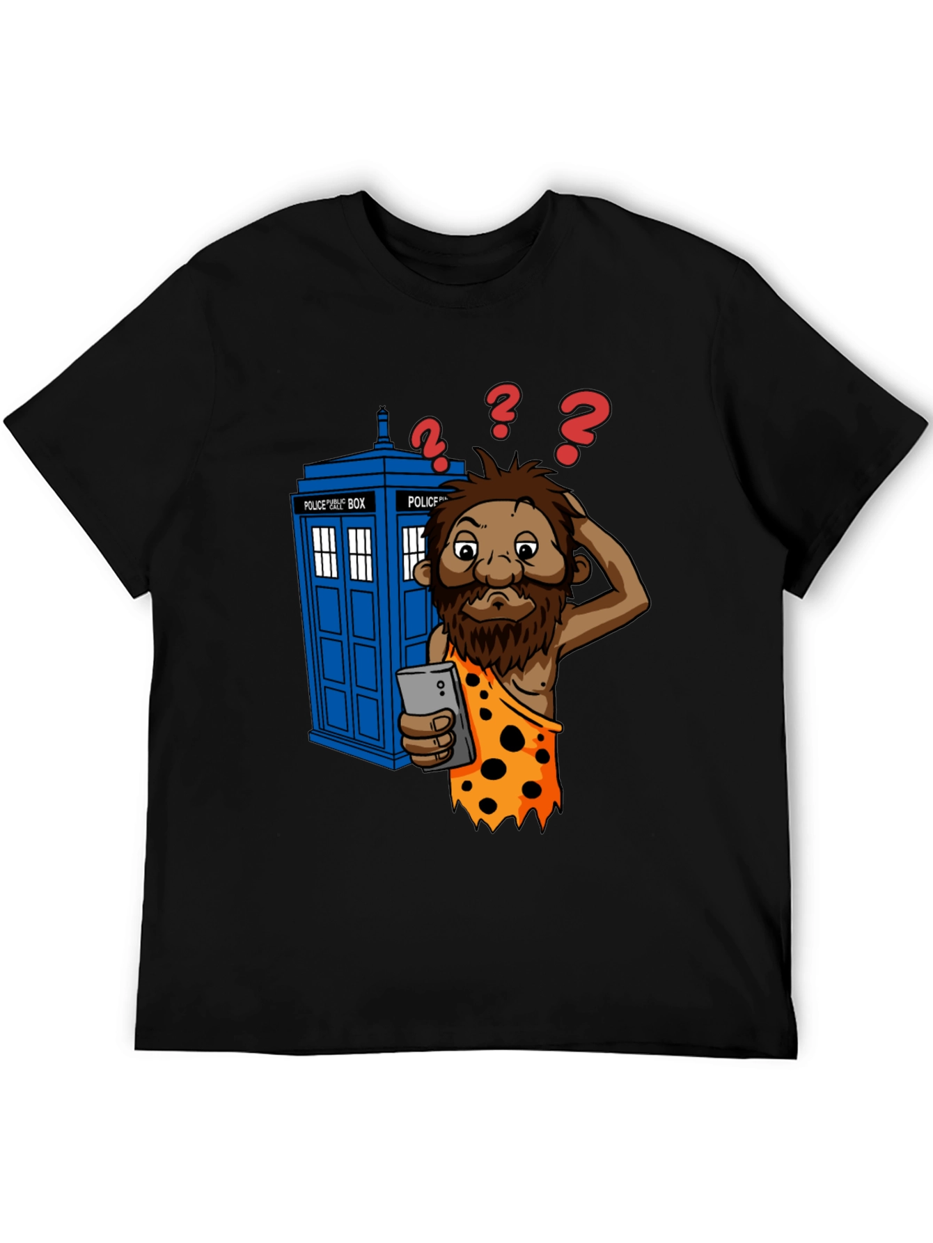 Black Time Traveler T-Shirt - Confused Caveman & Phone view 5