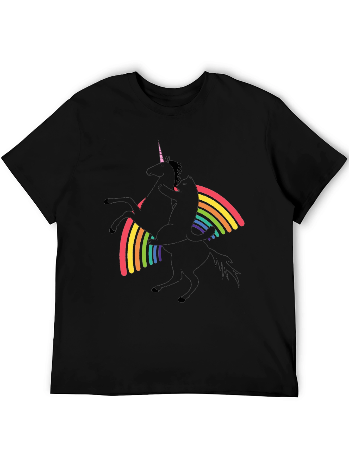 Black Unicorn & Cat Rainbow Graphic Black T-Shirt view 5