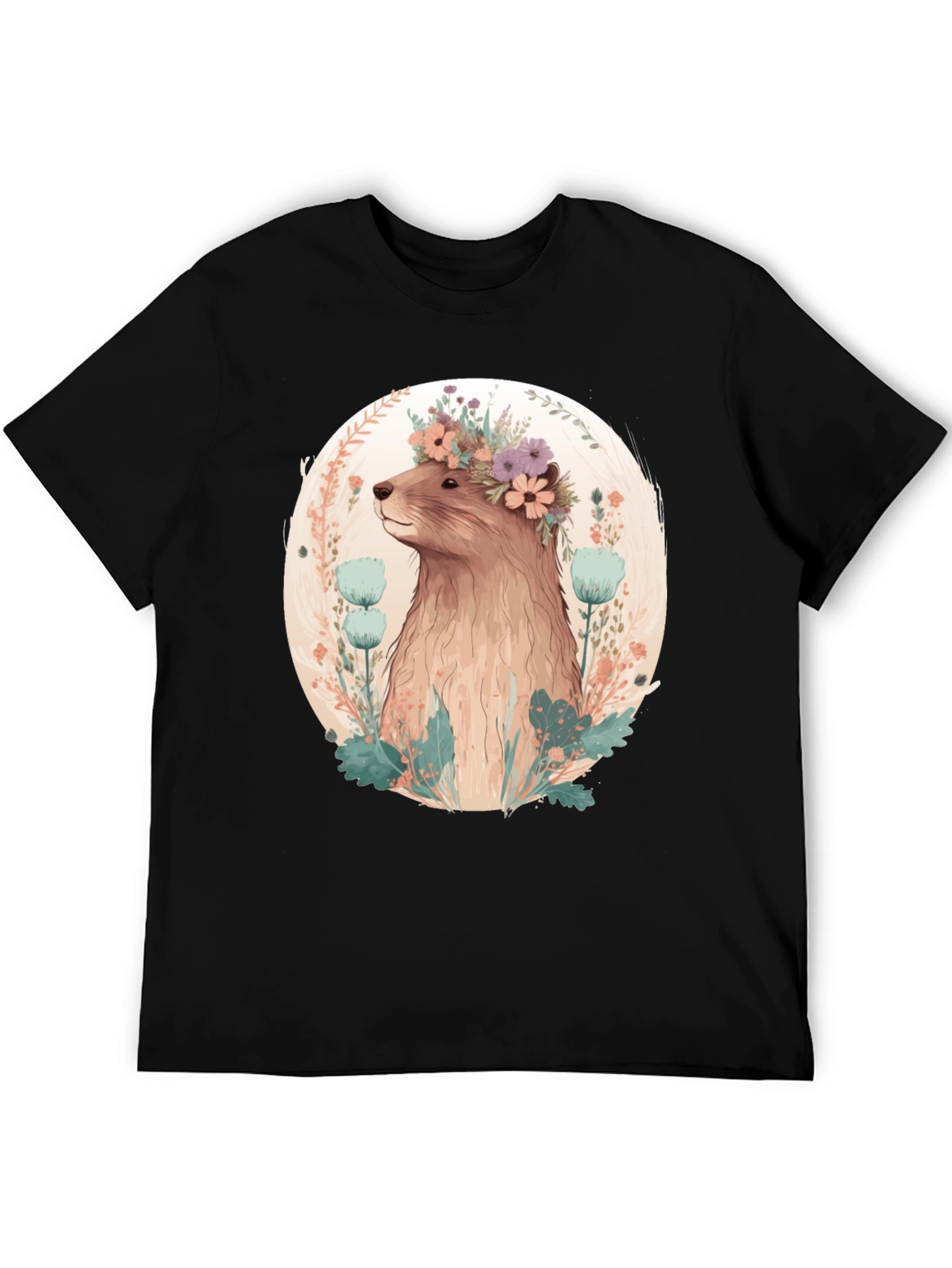 Black Floral Beaver T-Shirt - Men's Black Tee view 5