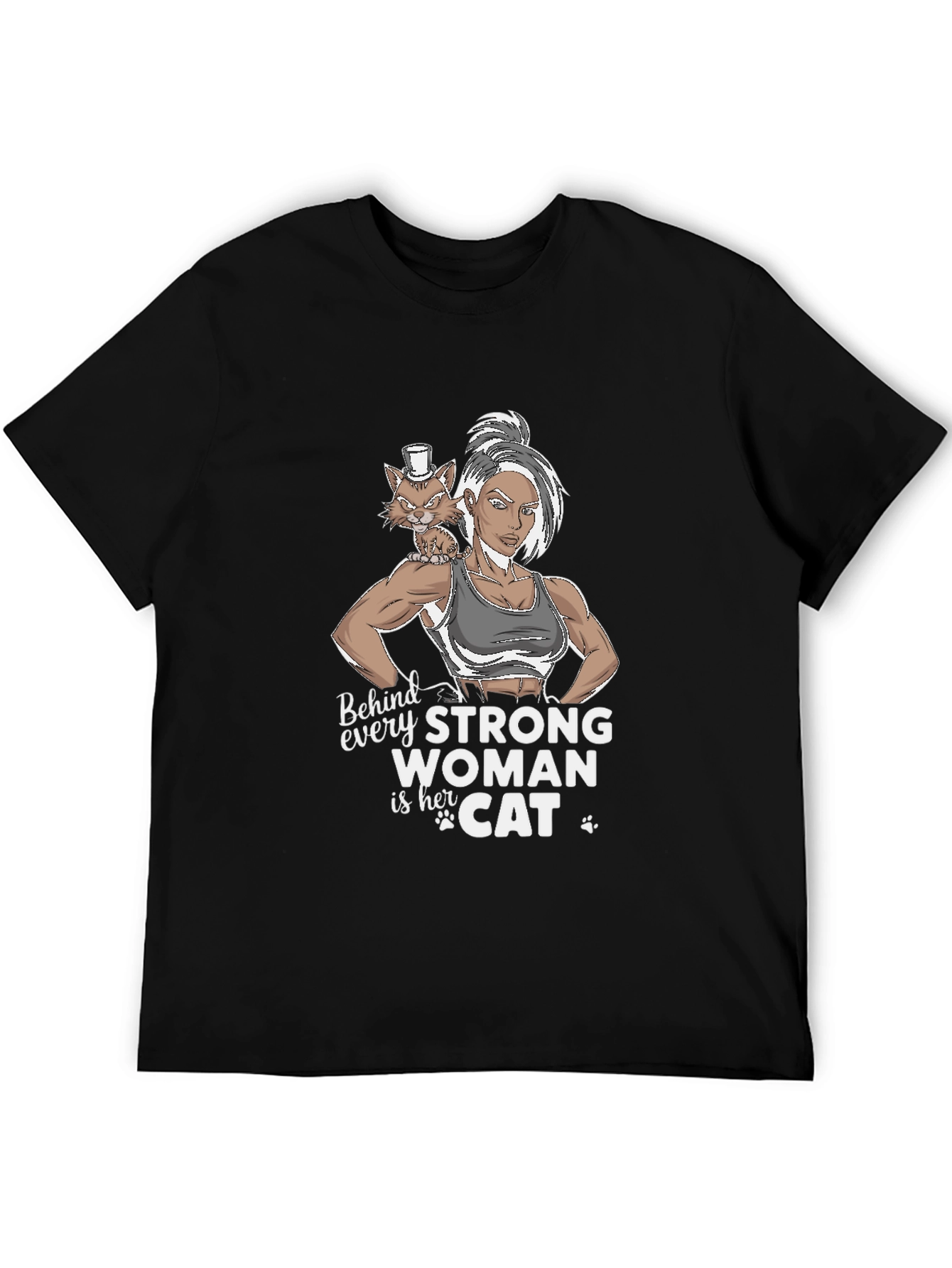 Black Strong Woman & Cat Graphic T-Shirt view 5