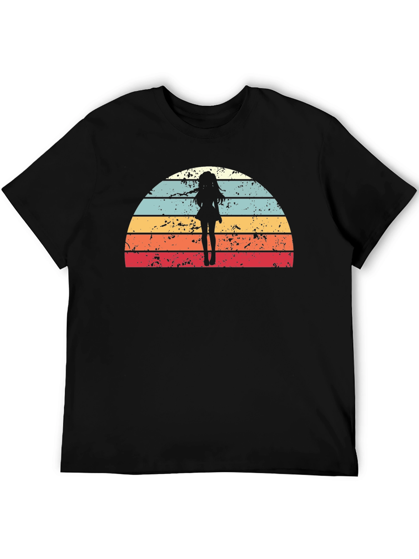 Black Retro Anime Girl Sunset T-Shirt view 5