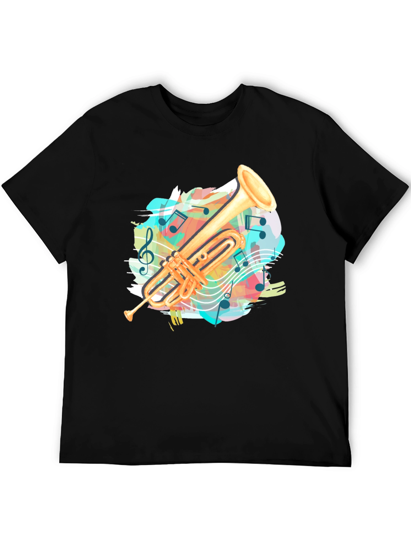 Black Trumpet Music Notes Graphic Tee - Black Casual T-Shirt view 5
