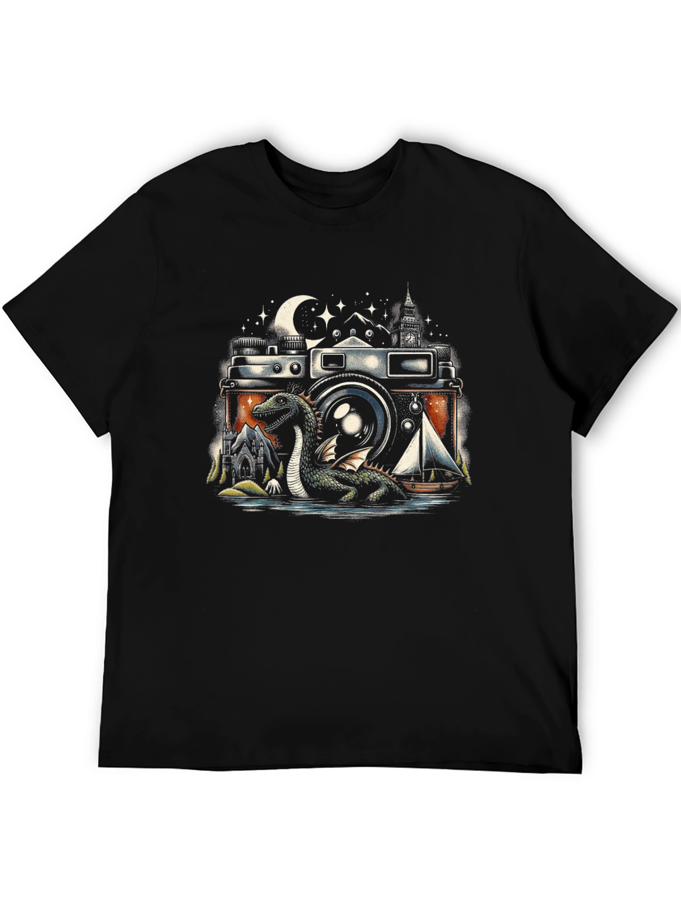 Black Vintage Camera Loch Ness Monster Graphic Tee view 5