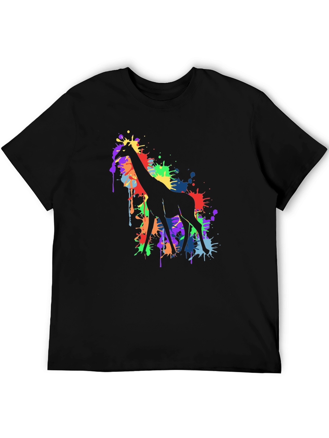 Black Colorful Giraffe Splatter Art Graphic Tee - Black view 5
