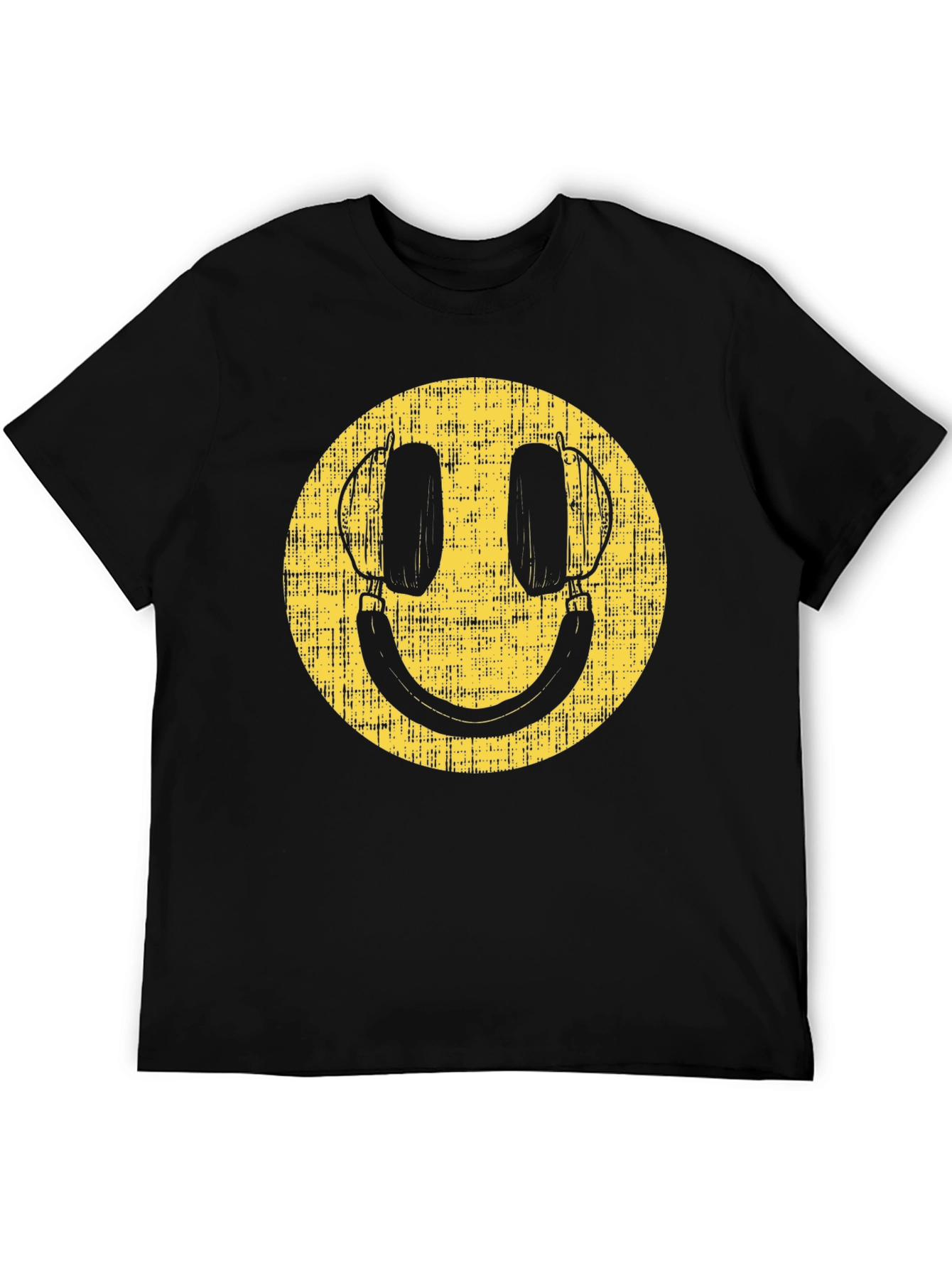 Black Retro Smiley Face Headphones Black T-Shirt view 5
