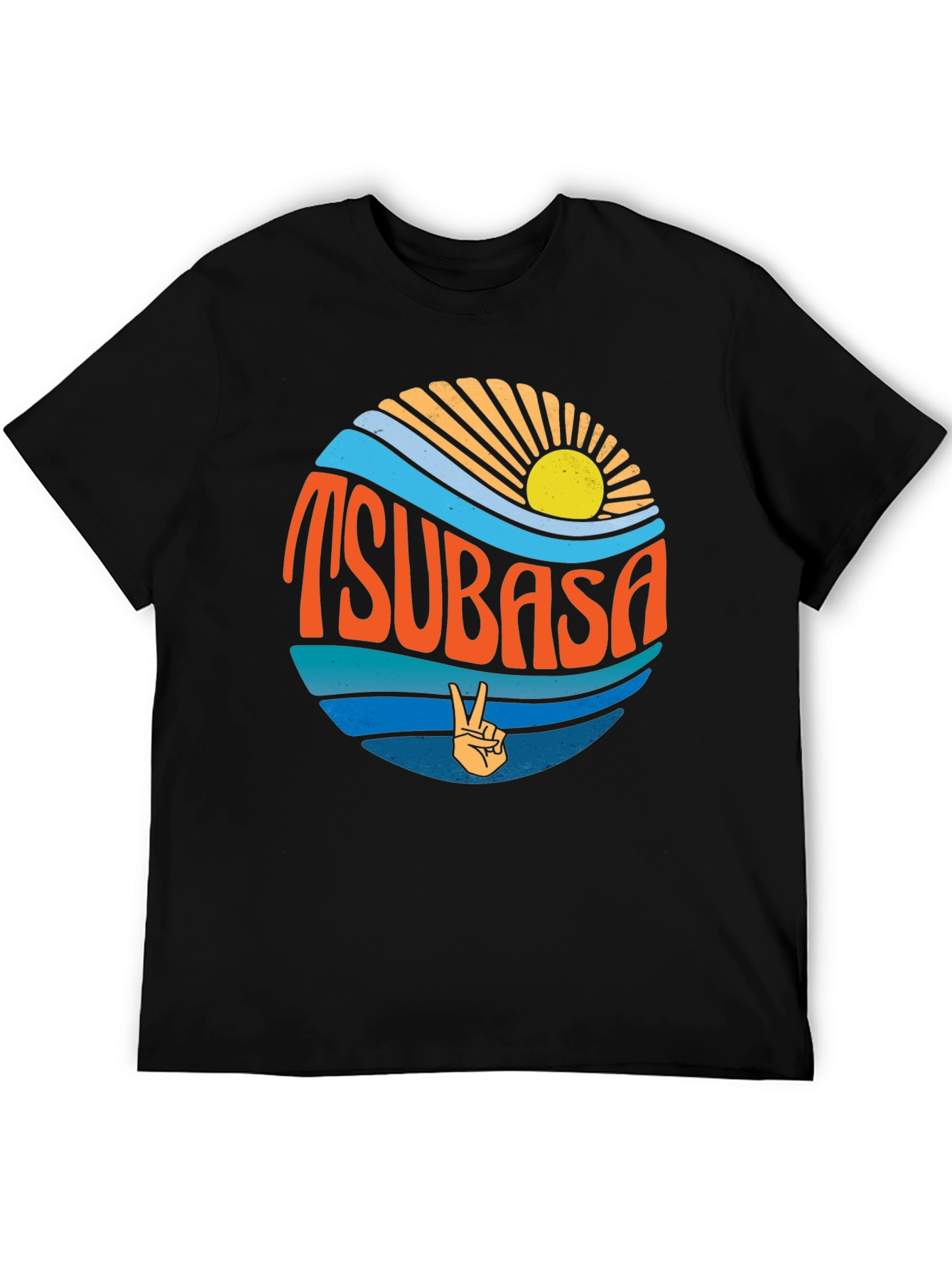 Black Tsubasa Graphic Tee - Retro Sun & Peace Sign T-Shirt view 5