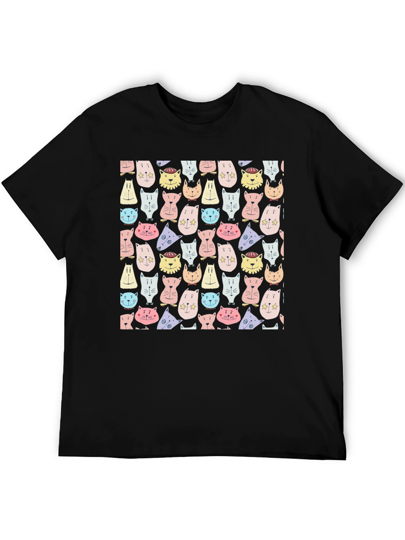 Black Cute Cats Pattern Tee - Unisex Black T-Shirt view 5