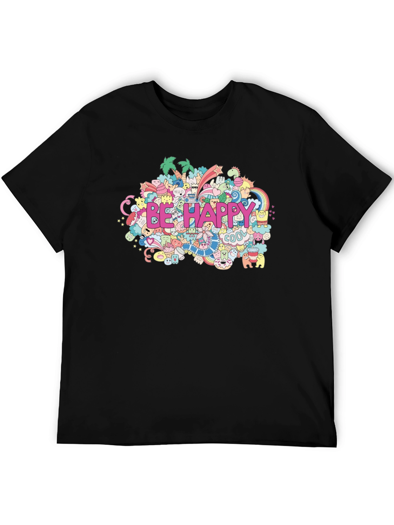 Black Be Happy Doodle Art Black T-Shirt view 5