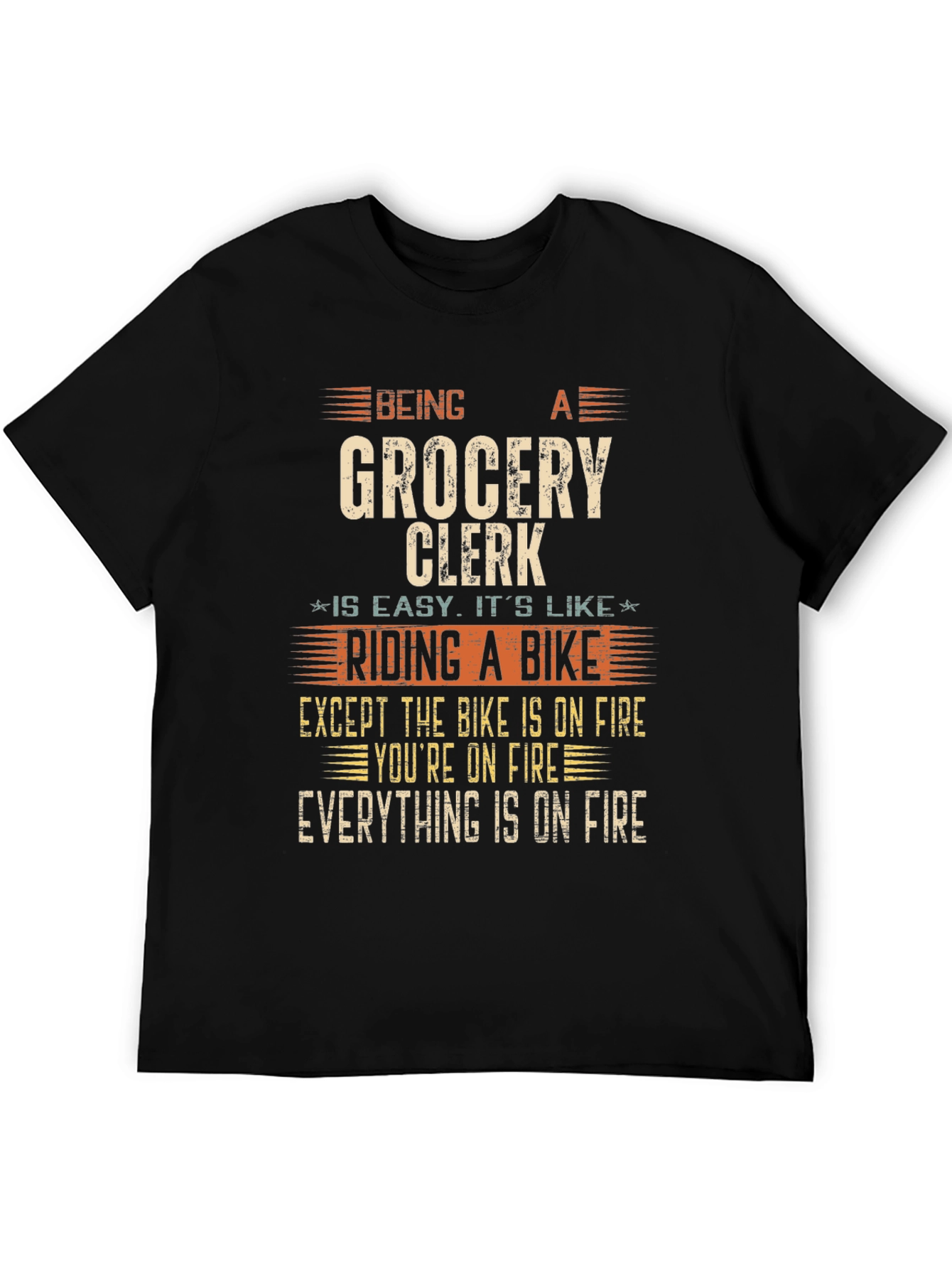 Black Funny Grocery Clerk T-Shirt: Riding A Bike On Fire view 5
