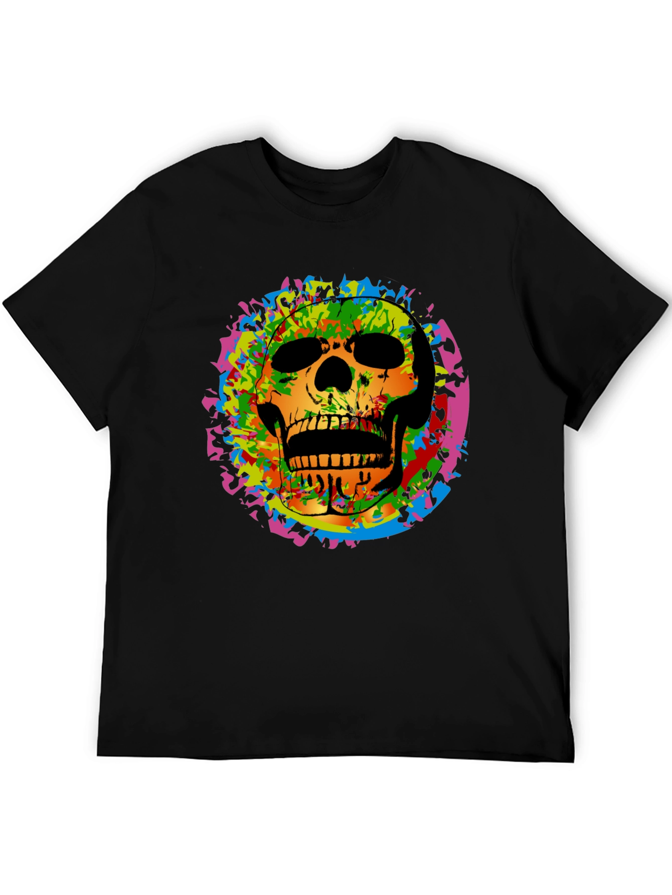 Black Colorful Skull Graphic Tee - Edgy Men's Black T-Shirt view 5