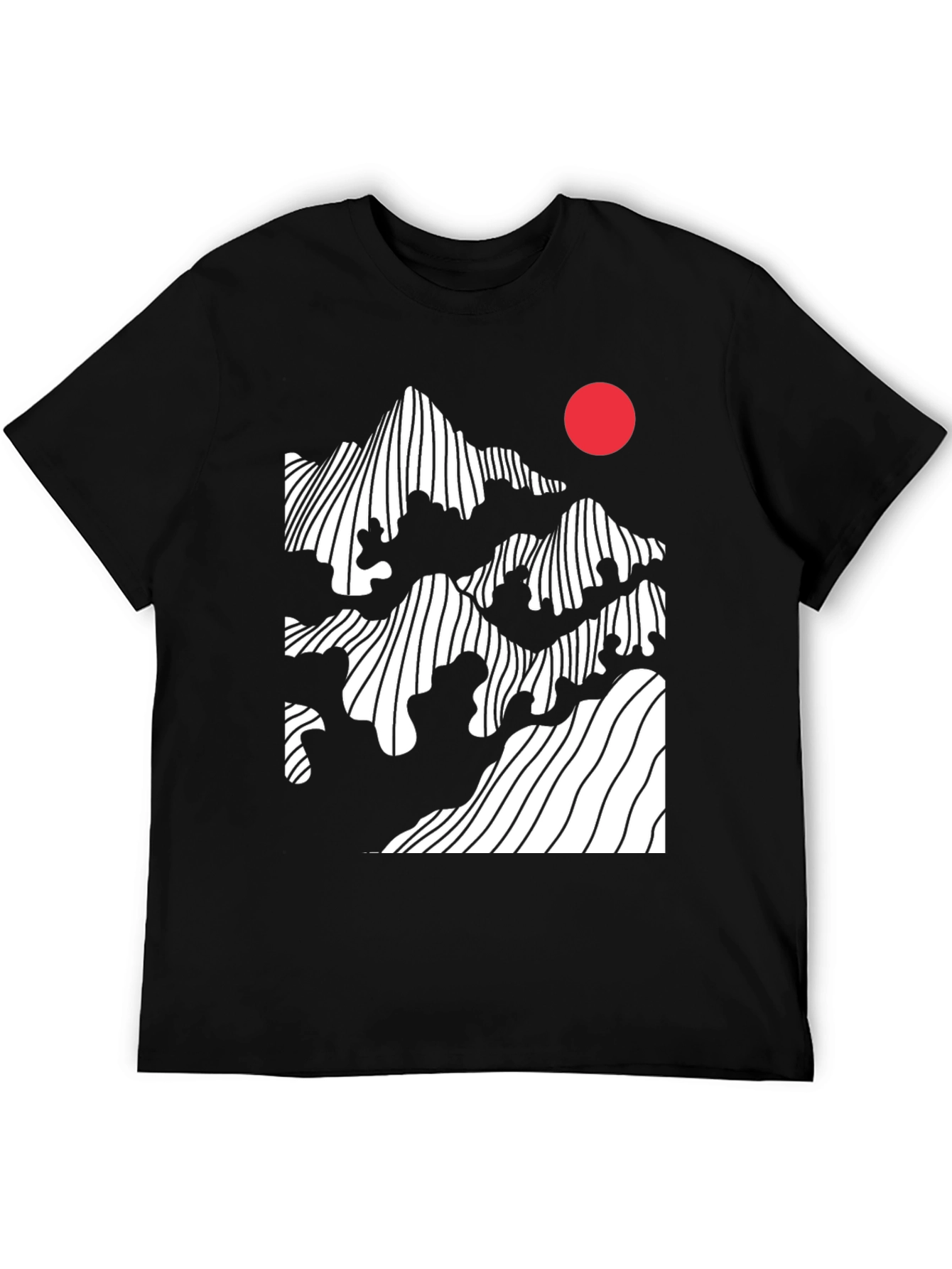 Black Abstract Mountain & Sun Graphic Tee - Modern Black T-Shirt view 5