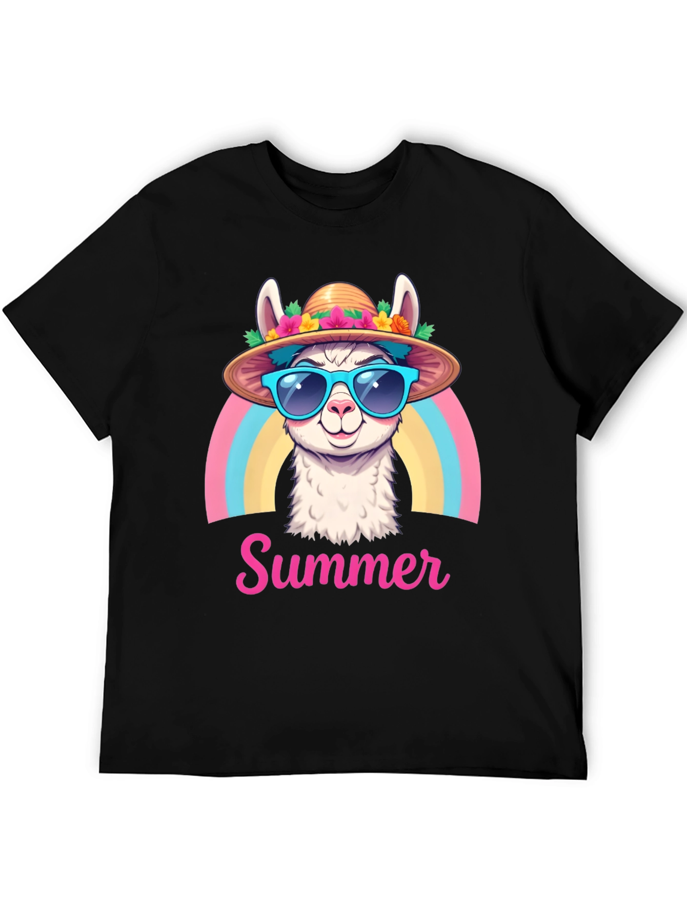 Black Summer Llama T-Shirt Rainbow Hat Sunglasses view 5