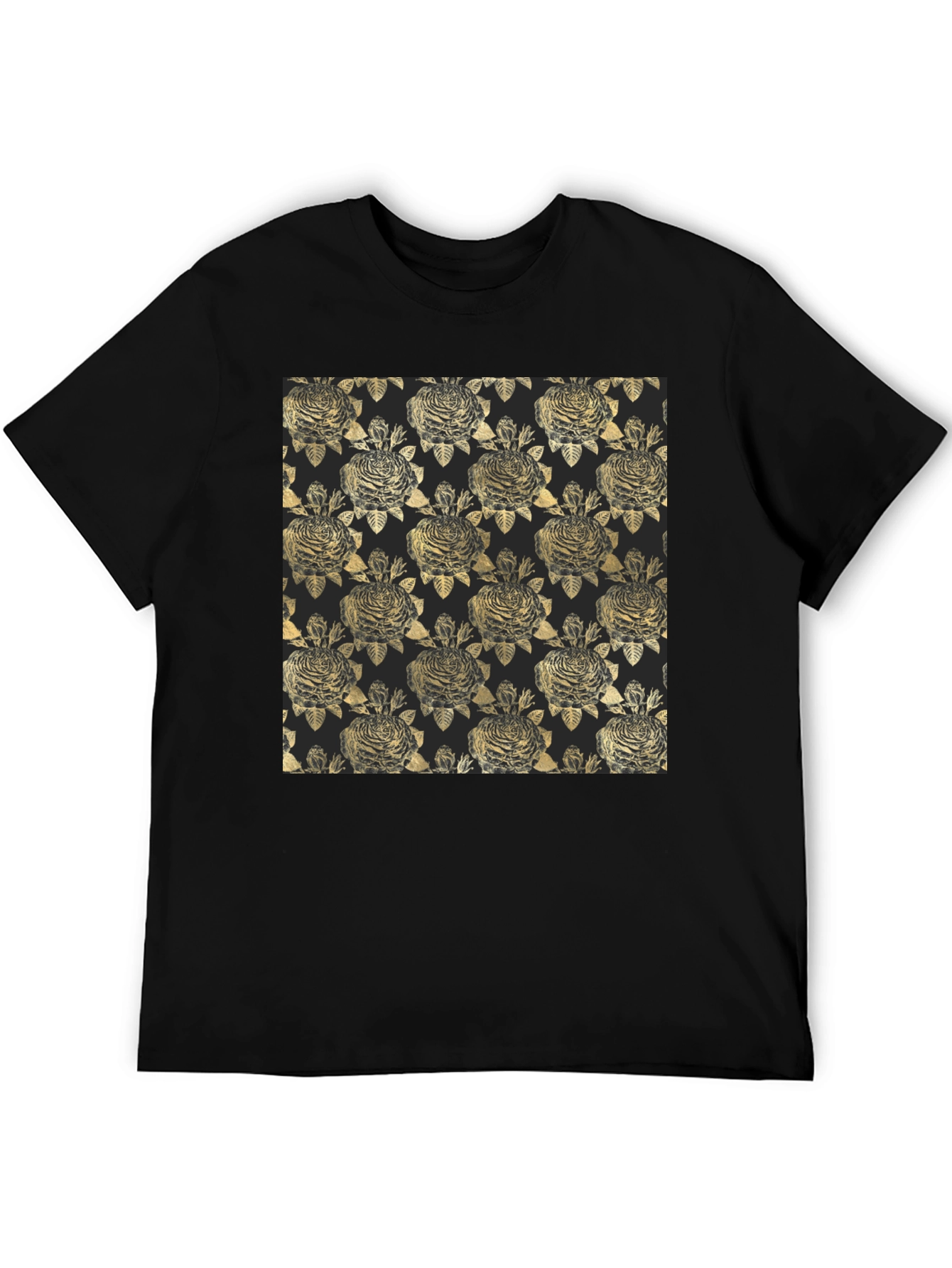 Black Golden Floral Pattern Black T-Shirt view 5