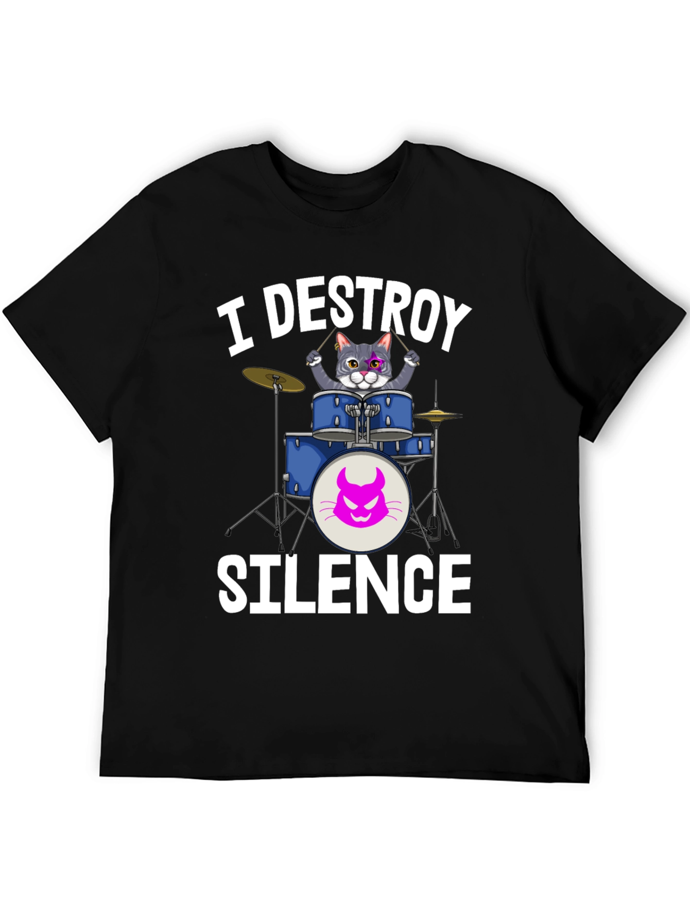 Black I Destroy Silence Cat Drummer T-Shirt view 5