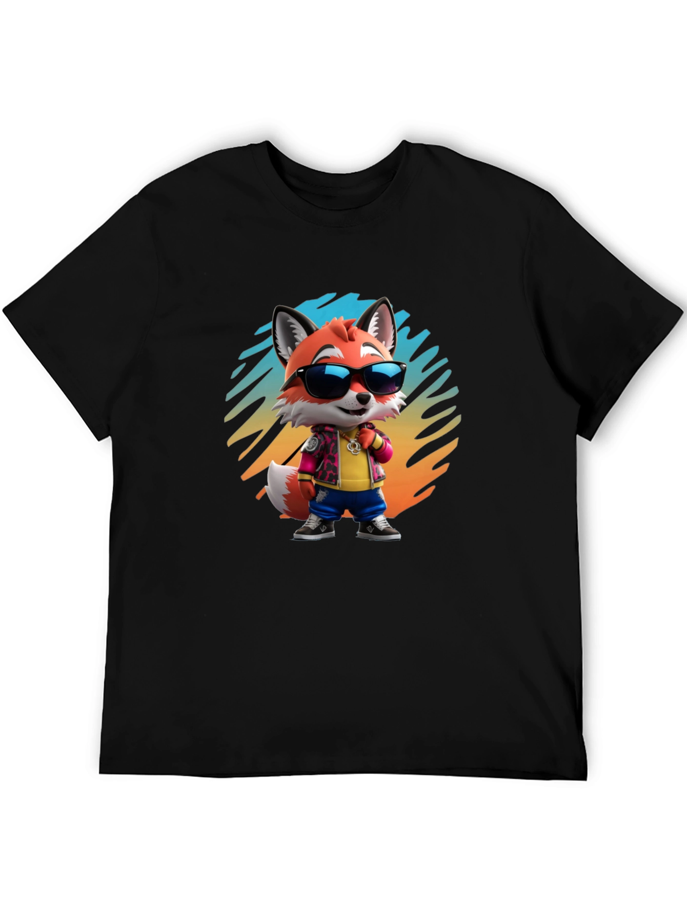 Black Cool Cartoon Fox T-Shirt - Black Cotton Tee view 5