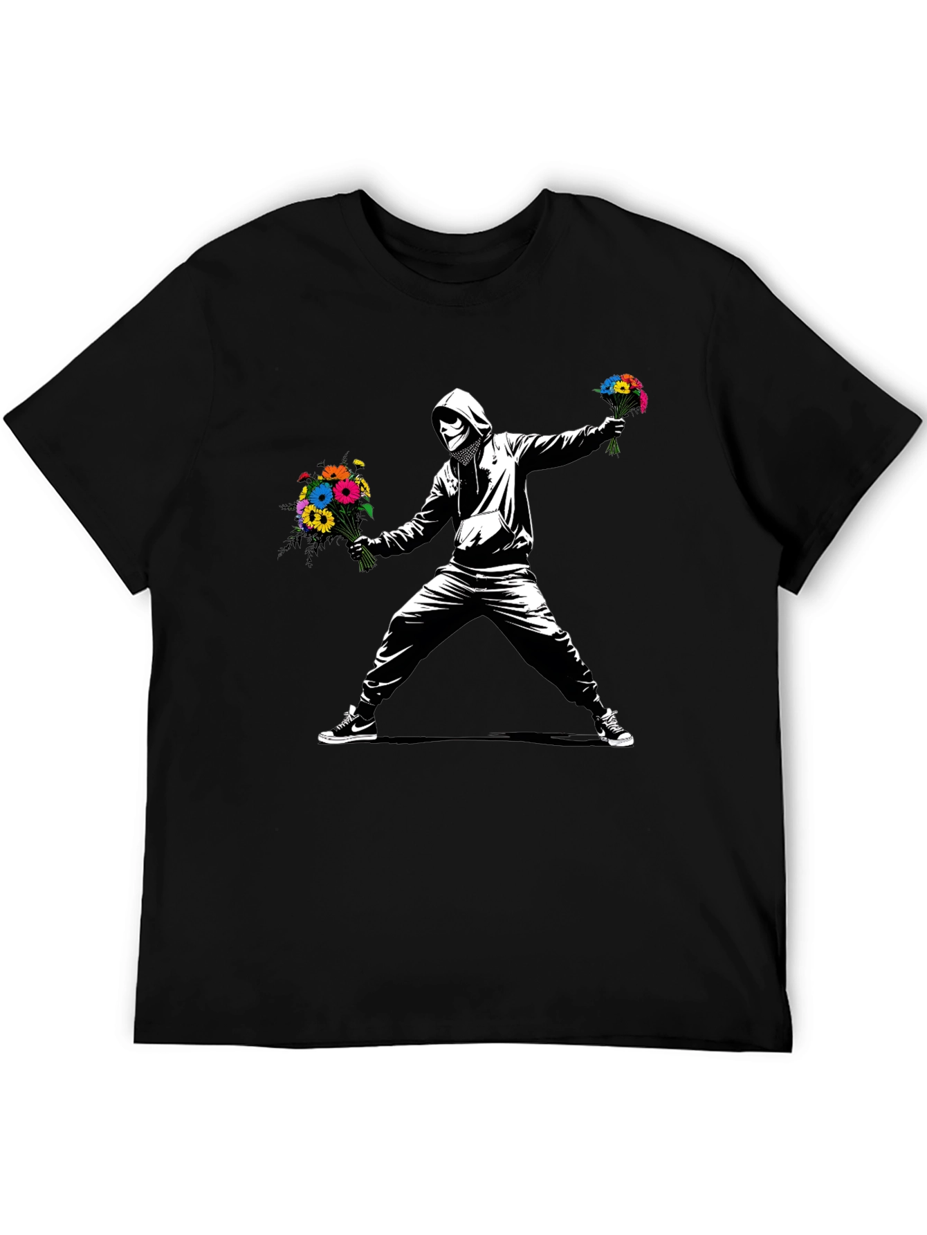 Black Banksy Flower Bomber T-Shirt - Street Art Graphic Tee view 5