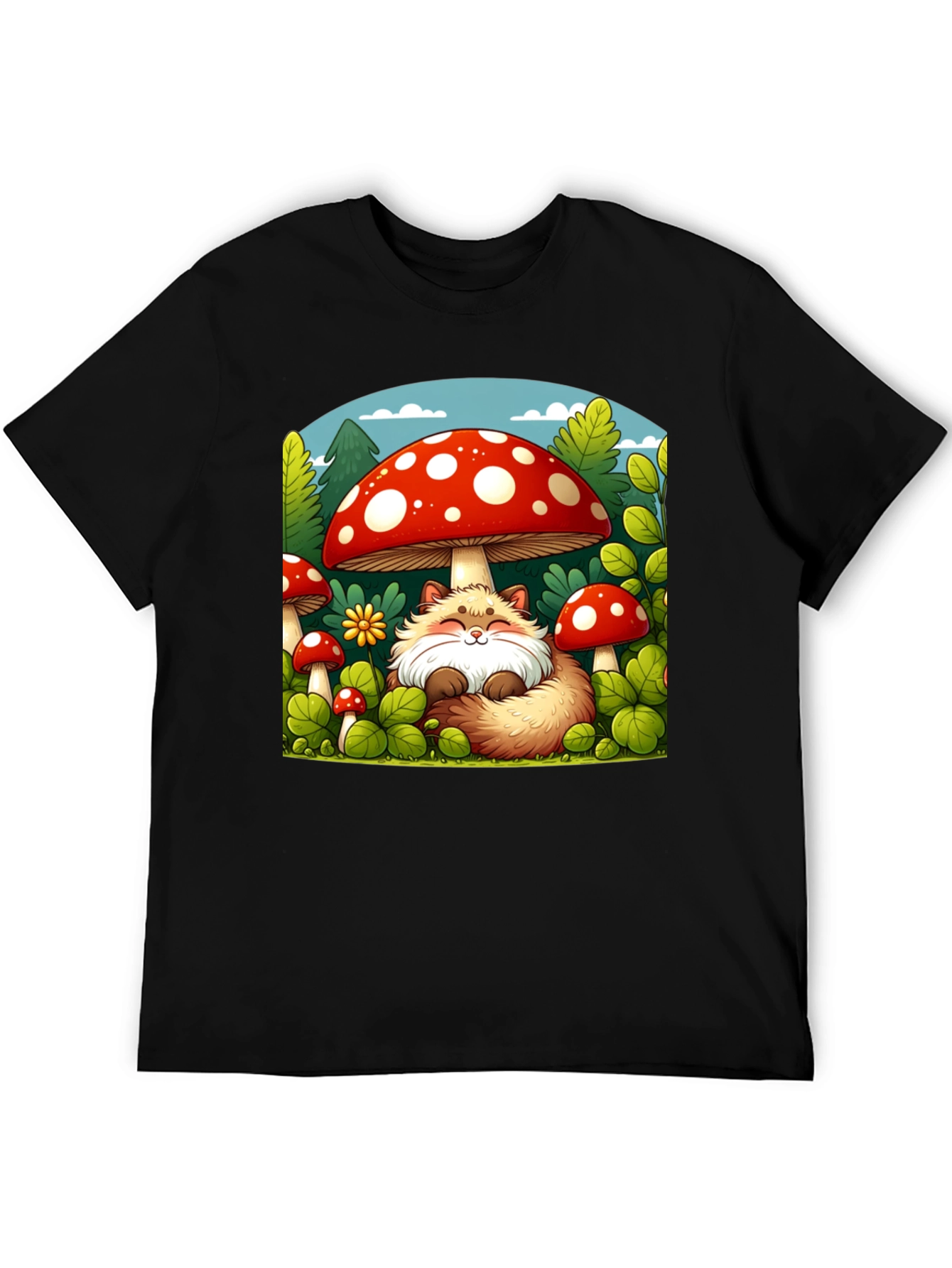 Black Whimsical Fox & Mushroom Graphic T-Shirt view 5