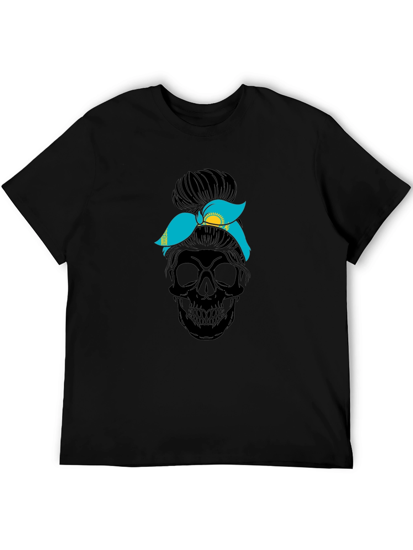 Skull Messy Bun Kazakhstan Flag T-Shirt - 5