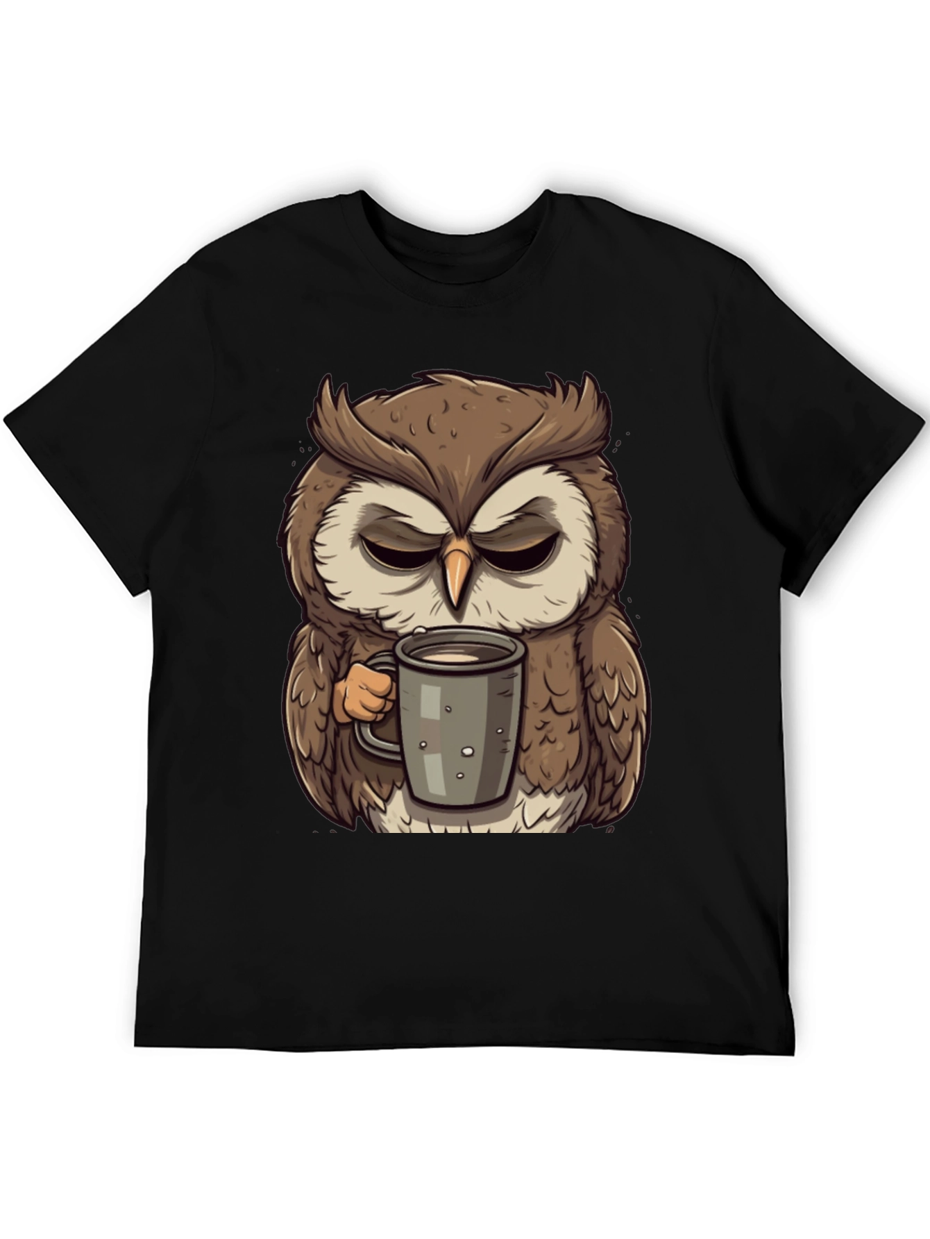 Black Grumpy Owl Coffee T-Shirt - Cute Cartoon Tee view 5