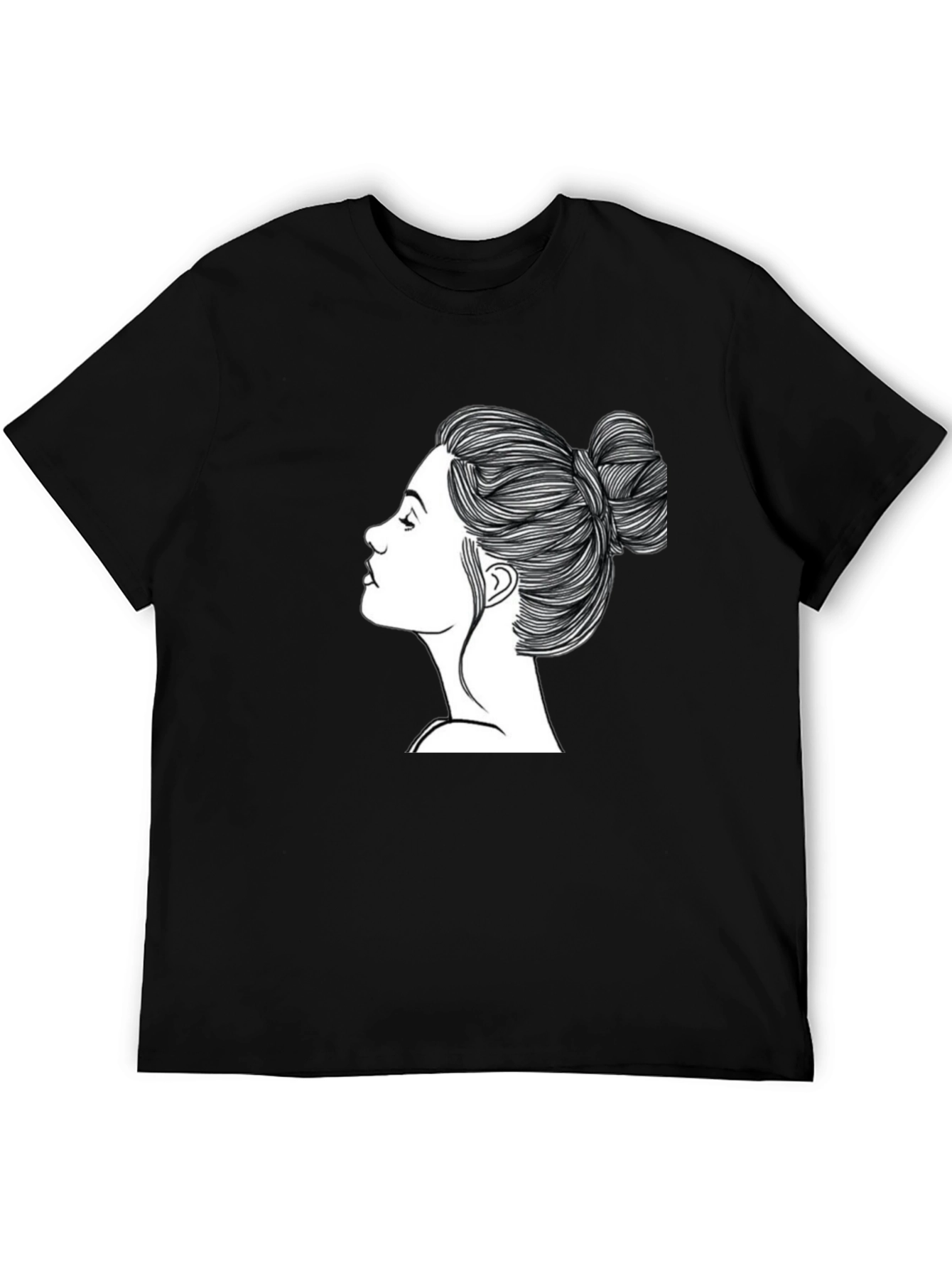 Black Black T-Shirt with Woman's Hair Bun Design view 5
