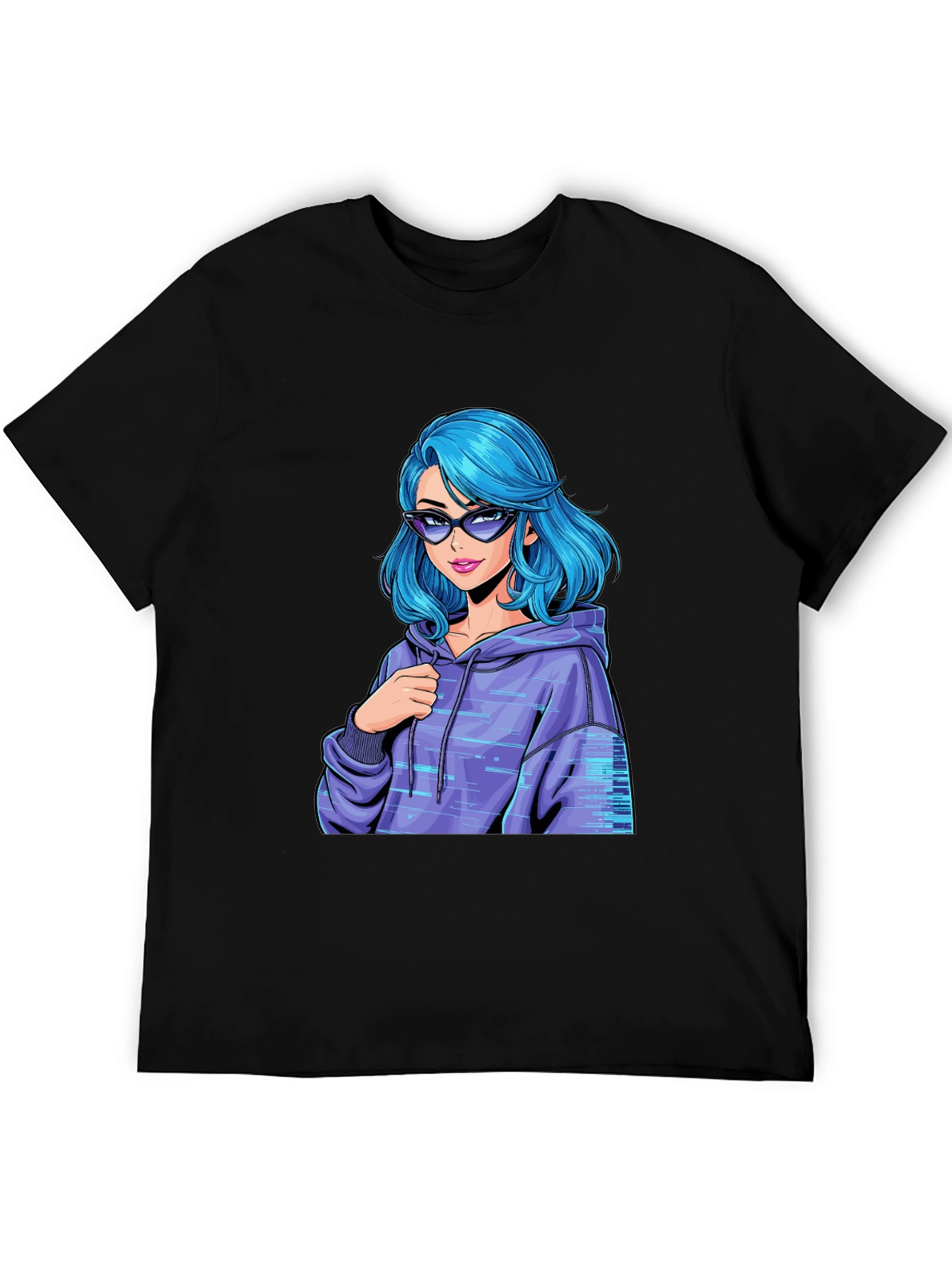 Stylish Black T-Shirt with Blue Anime Girl Design - 5