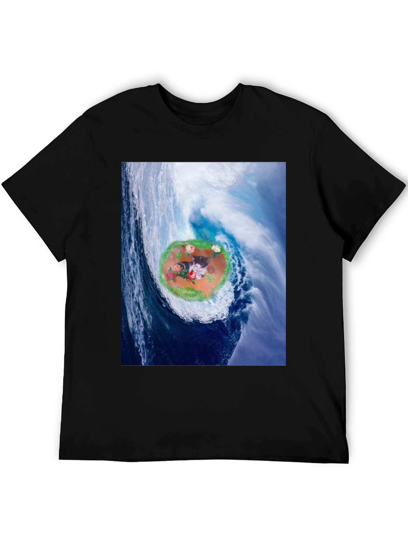 Black Wave Kitty T-Shirt: Black Cotton Blend view 5