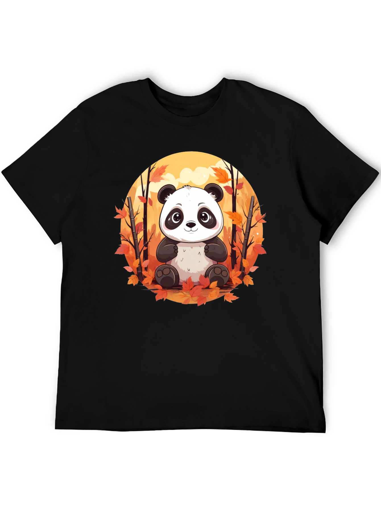 Black Panda Autumn Leaves Black T-Shirt view 5
