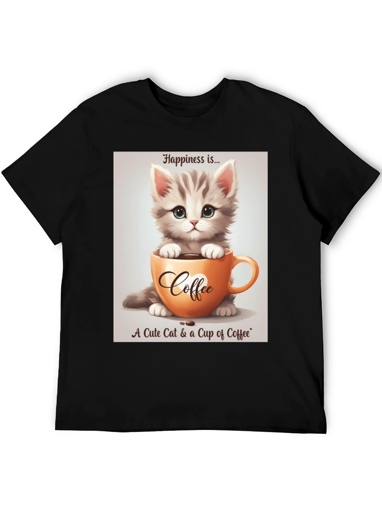 Black Cute Kitten and Coffee T-Shirt - Happiness Is... view 5