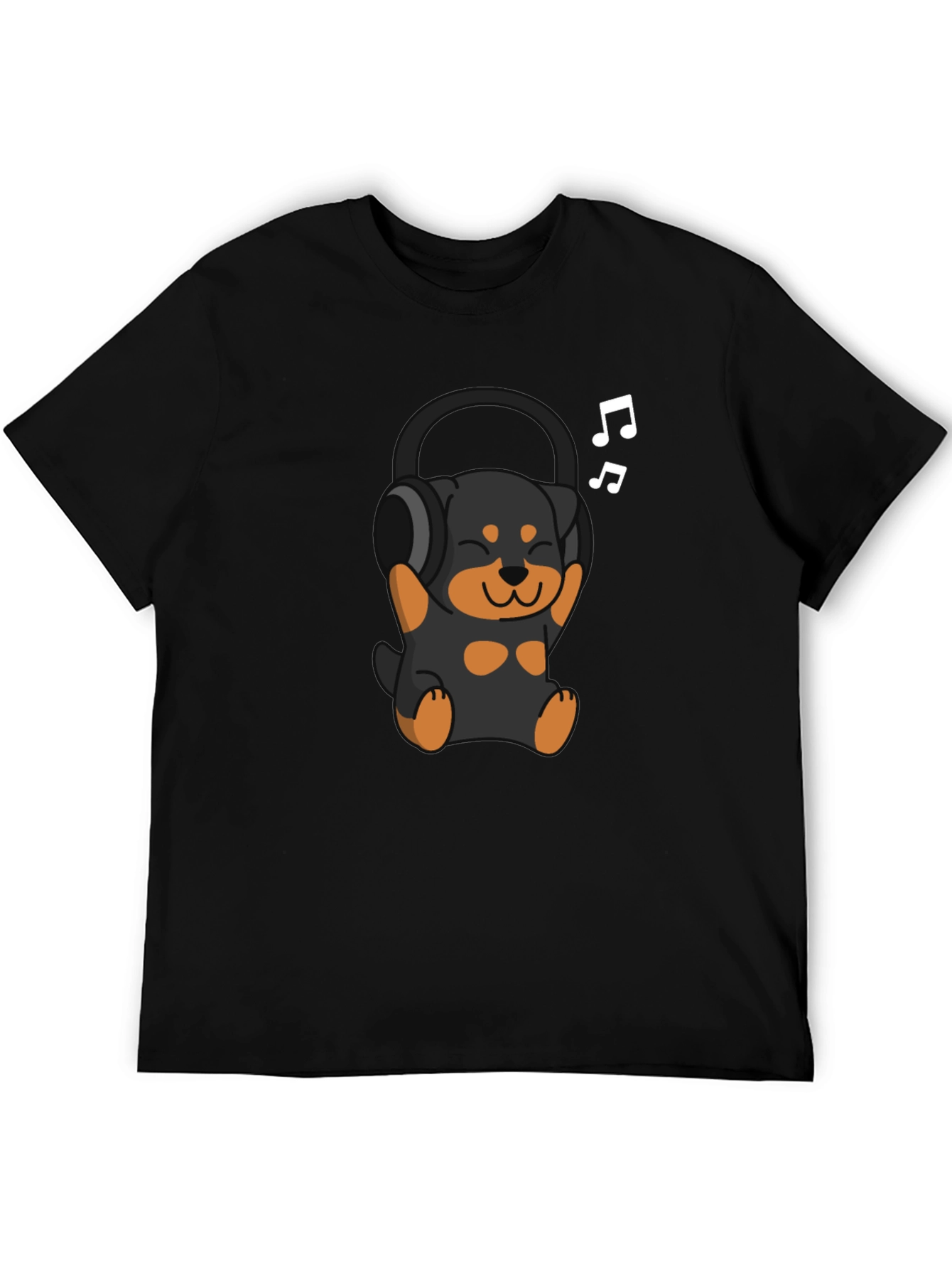 Black Rottweiler Puppy Headphones Black T-Shirt view 5