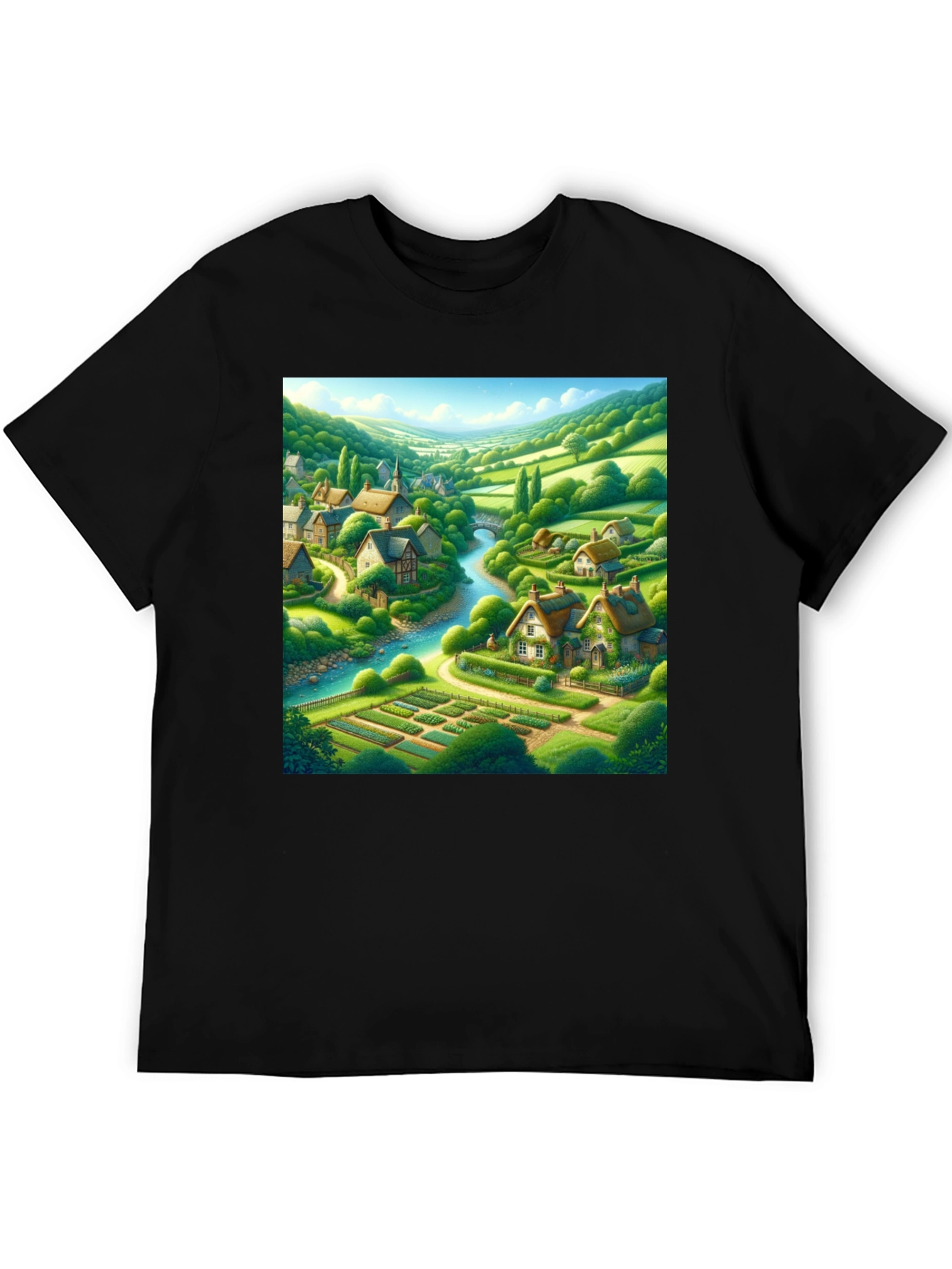 Black Quaint Village T-Shirt - Scenic Landscape Tee view 5