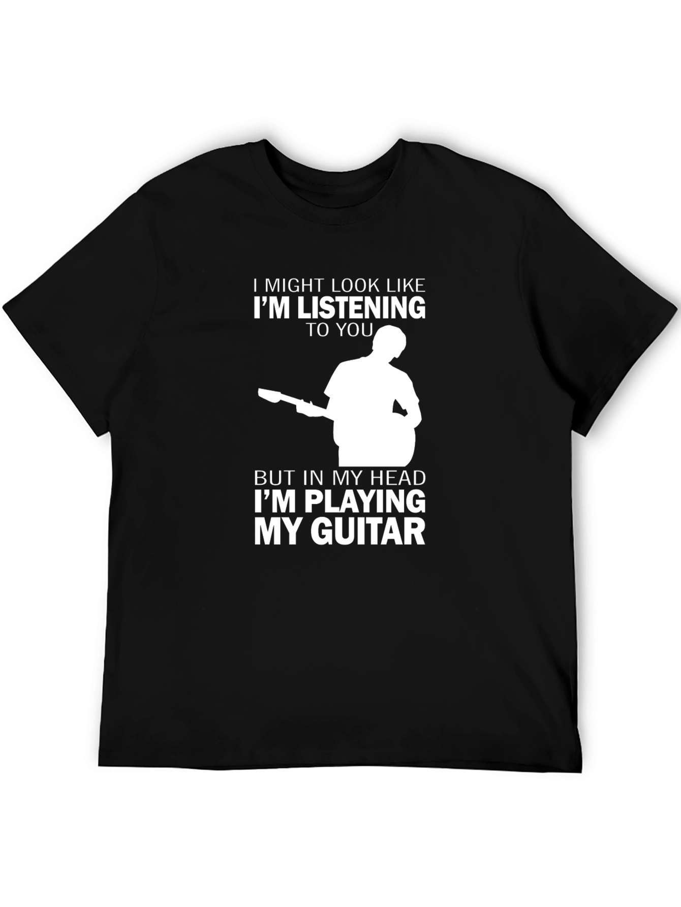 Black Guitar Player T-Shirt: "I'm Playing My Guitar" Design view 5