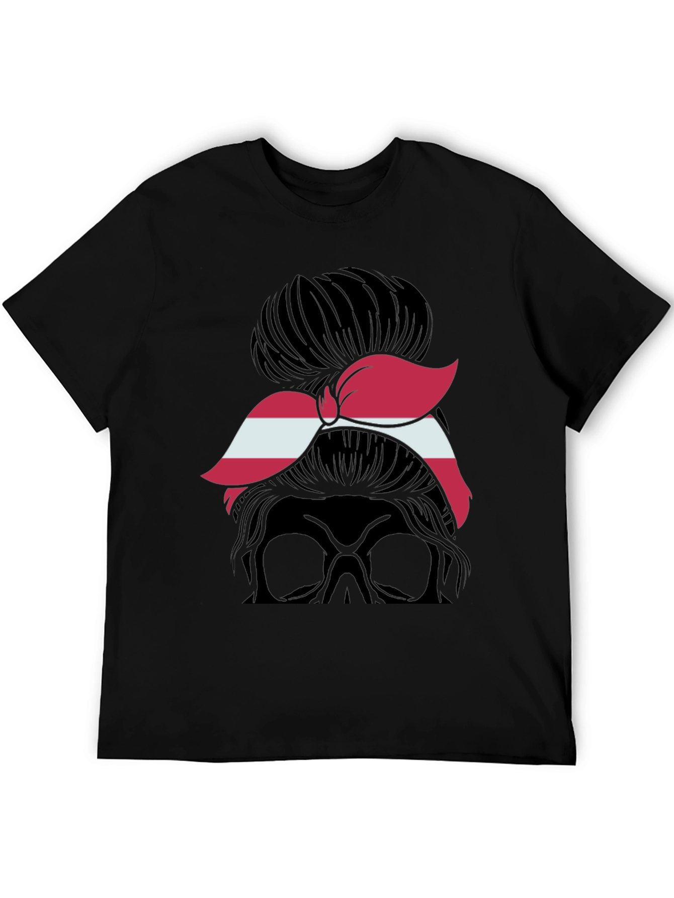 Black Messy Bun Skull Latvia Flag T-Shirt view 5