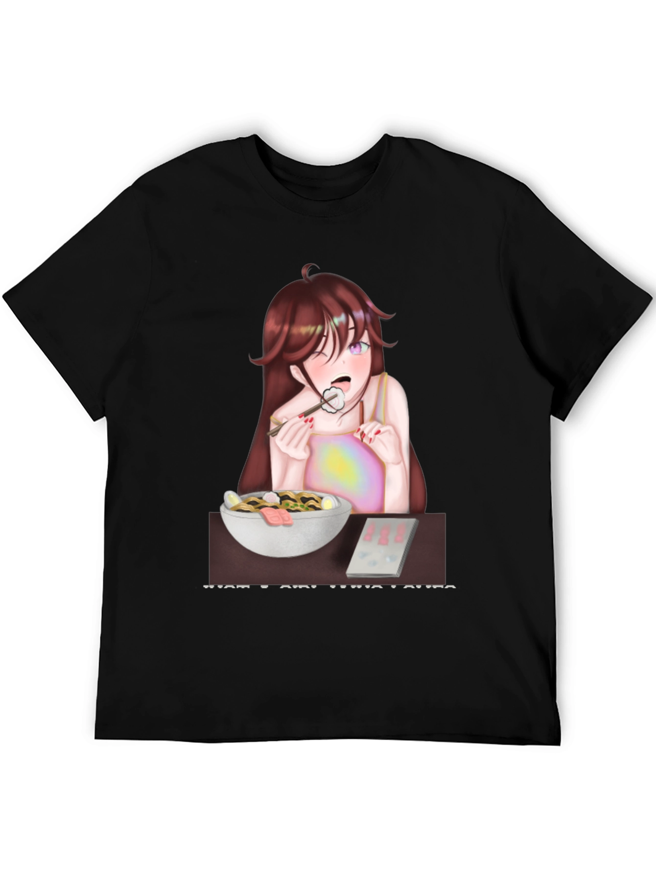 Black Anime Girl Eating Ramen T-Shirt view 5