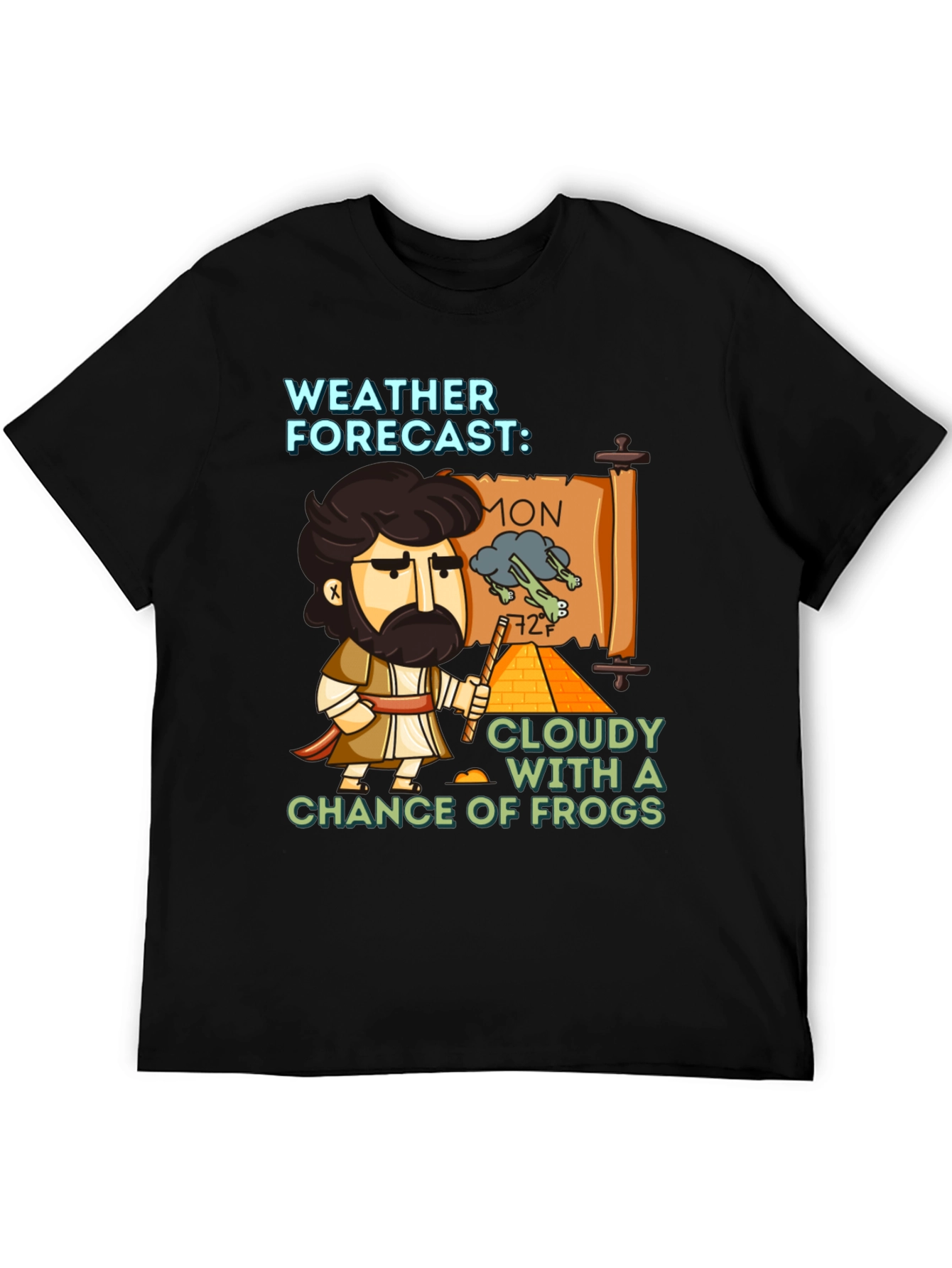 Black Funny Weather Forecast Cloudy Chance of Frogs T-Shirt view 5