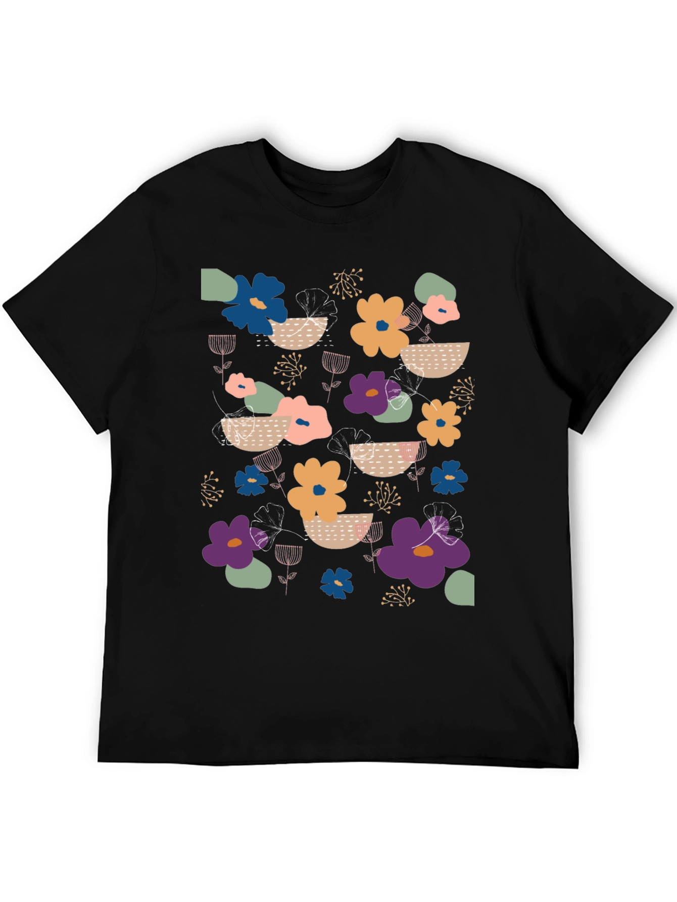 Black Floral Print Men's Black T-Shirt view 5