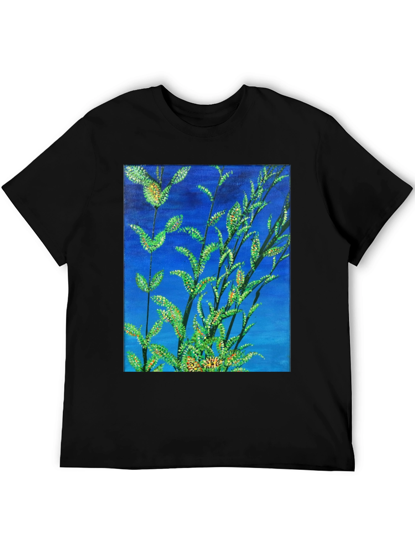Black Botanical Blue T-Shirt - Vivid Nature Art Tee view 5