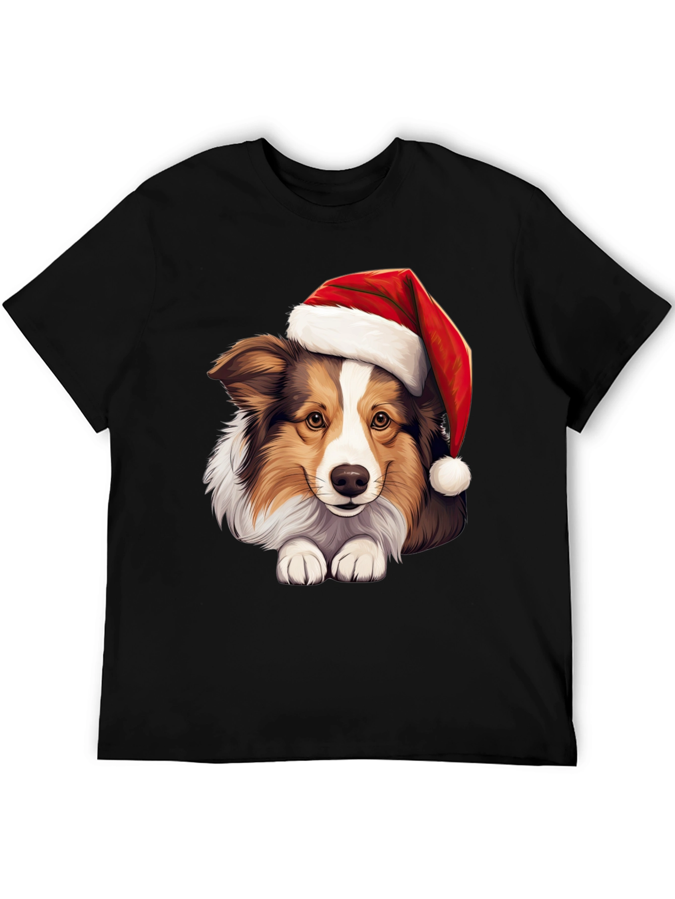 Black Festive Dog T-Shirt: Holiday Collie in Santa Hat view 5