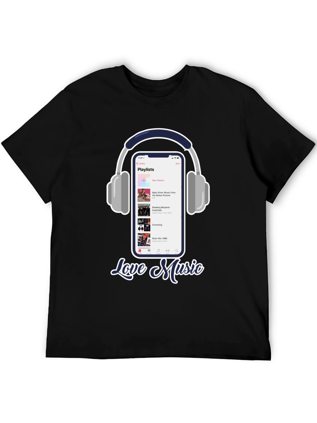 Black Love Music T-Shirt with Playlist & Headphones Design view 5