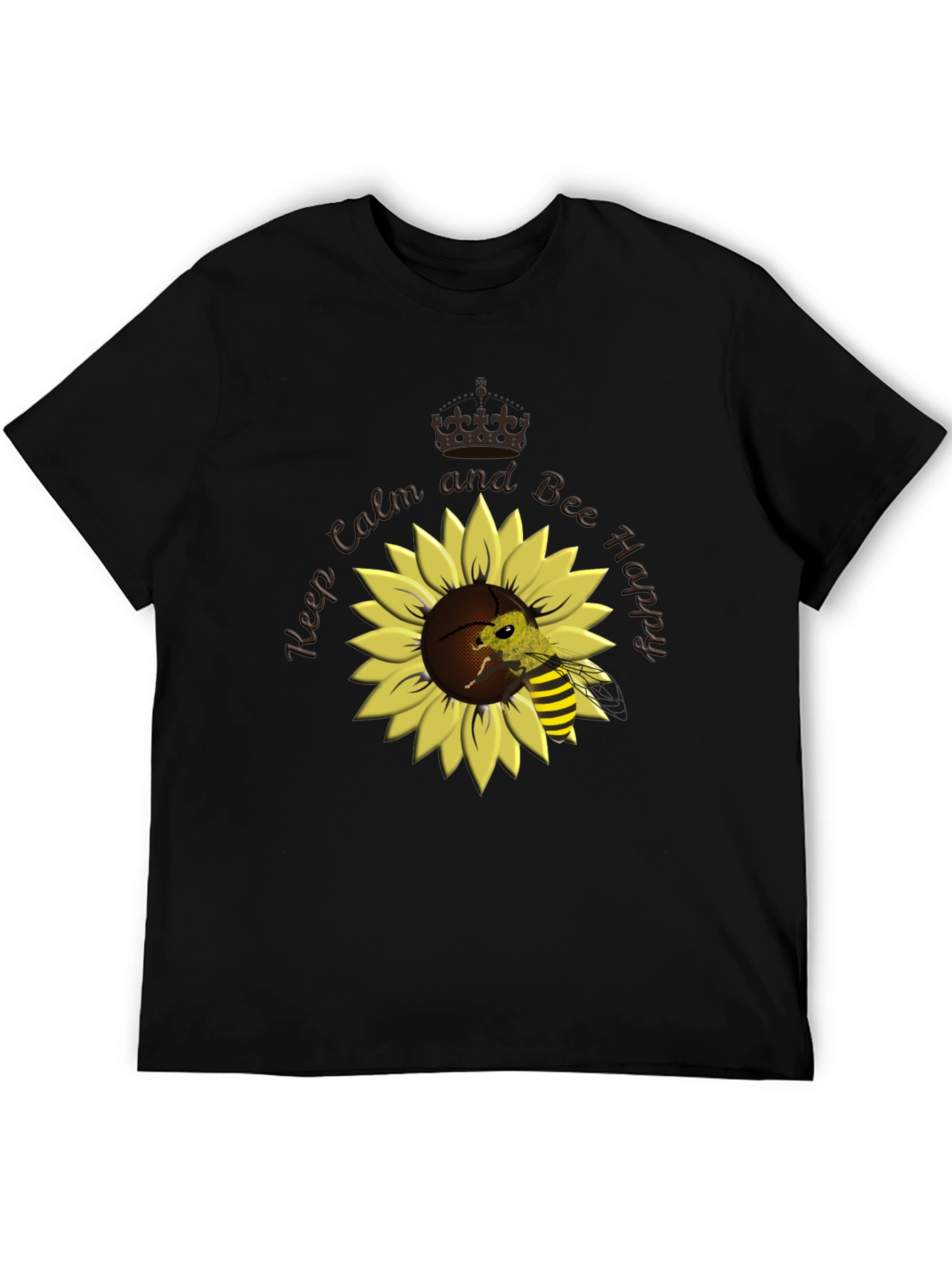 Black Keep Calm and Bee Happy Sunflower T-Shirt view 5