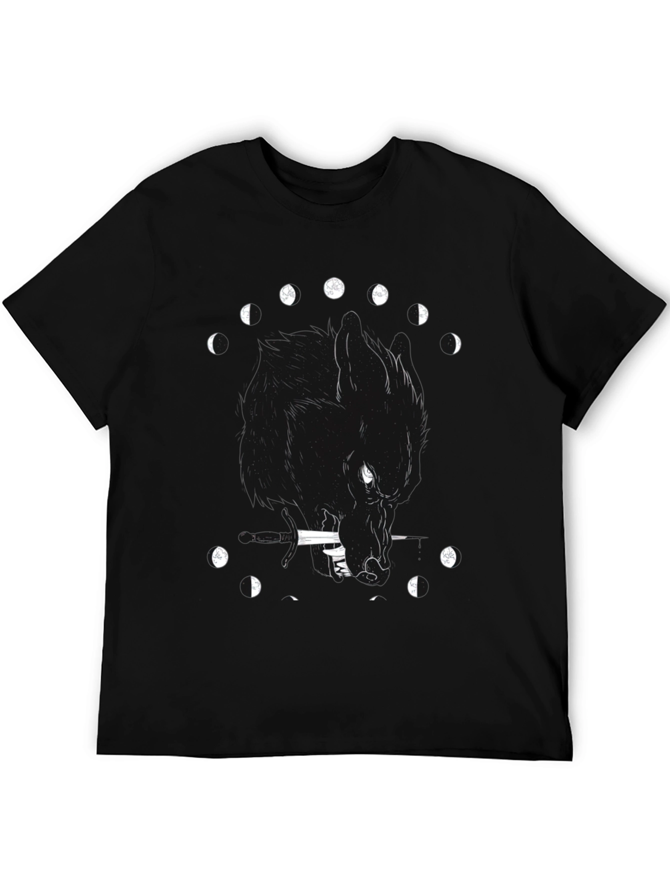 Black Wolf Moon Phases Graphic T-Shirt - Black Cotton Tee view 5