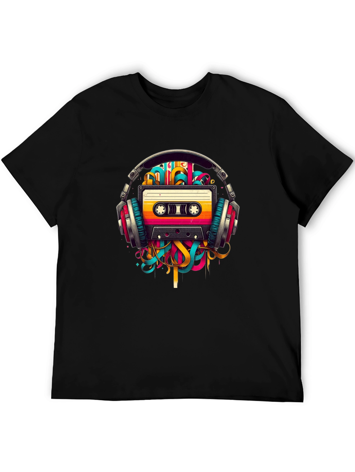 Black Retro Cassette Tape Headphones Graphic T-Shirt view 5