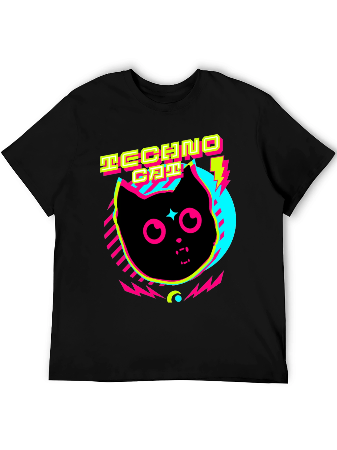 Black Techno Cat T-Shirt Neon Graphic Tee view 5