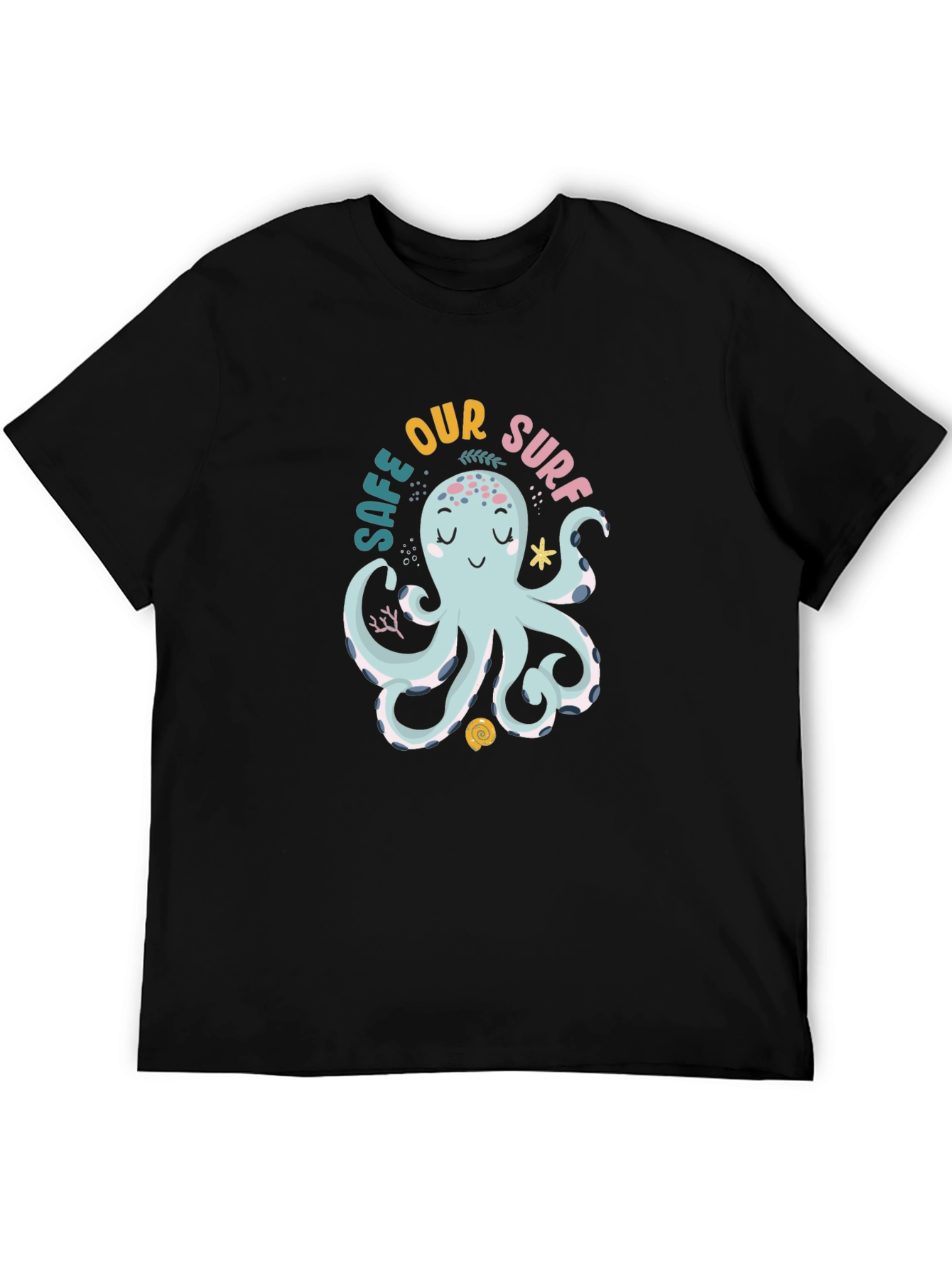 Black Cute Octopus Graphic Tee - 'Safe Our Surf' Black Cotton T-Shirt view 5