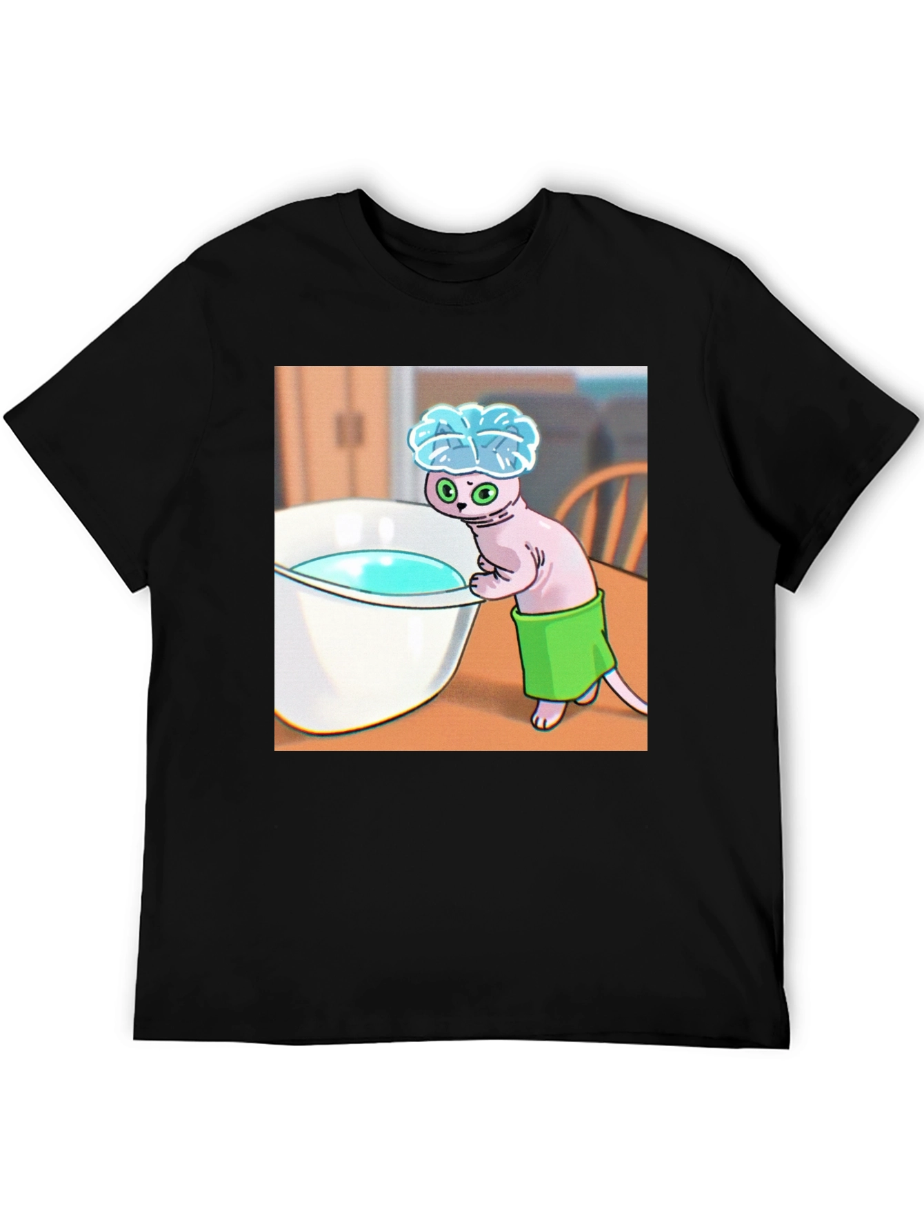 Black Cartoon Cat Bath T-Shirt - Funny Novelty Tee view 5