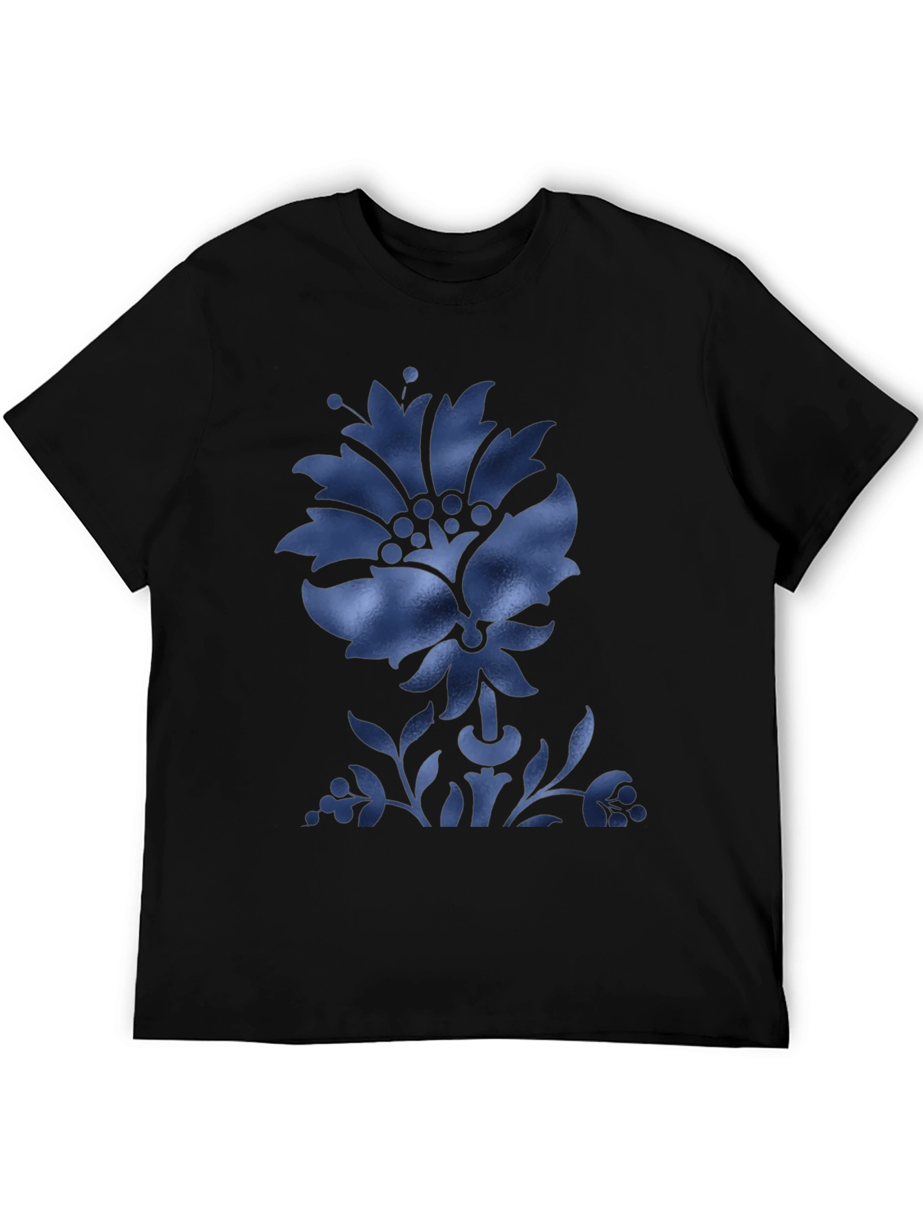 Black Men's Black T-Shirt with Blue Floral Design view 5